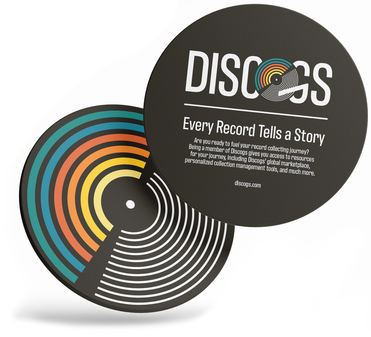 Custom vinyl record coaster mockup displaying the modernized Discogs concept logo and retro typography.
