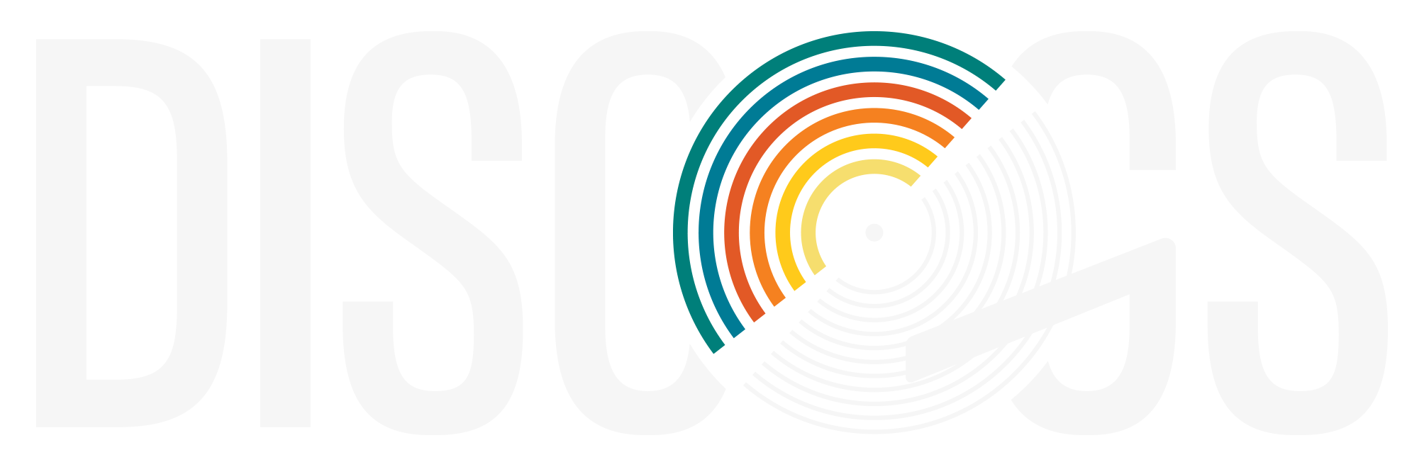Modernized Discogs concept logo design featuring a colorful vintage vinyl record and integrated turntable tonearm typography.