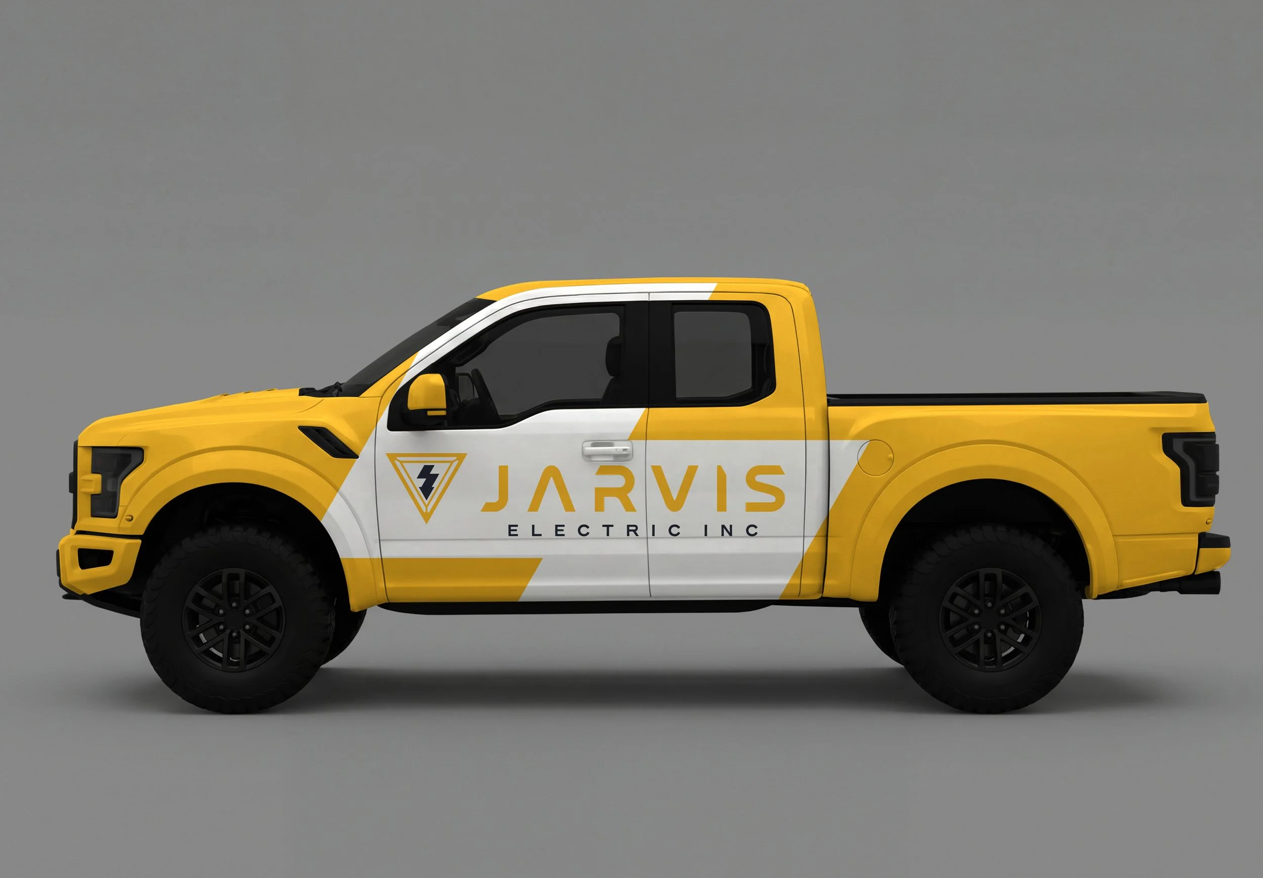 This visual showcases the real-world fleet marketing strategy for Jarvis Electric Inc. through a premium vehicle wrap concept on a modern pickup truck. The design features a bold, asymmetrical vinyl layout wrapping the vehicle's body. A vibrant safet