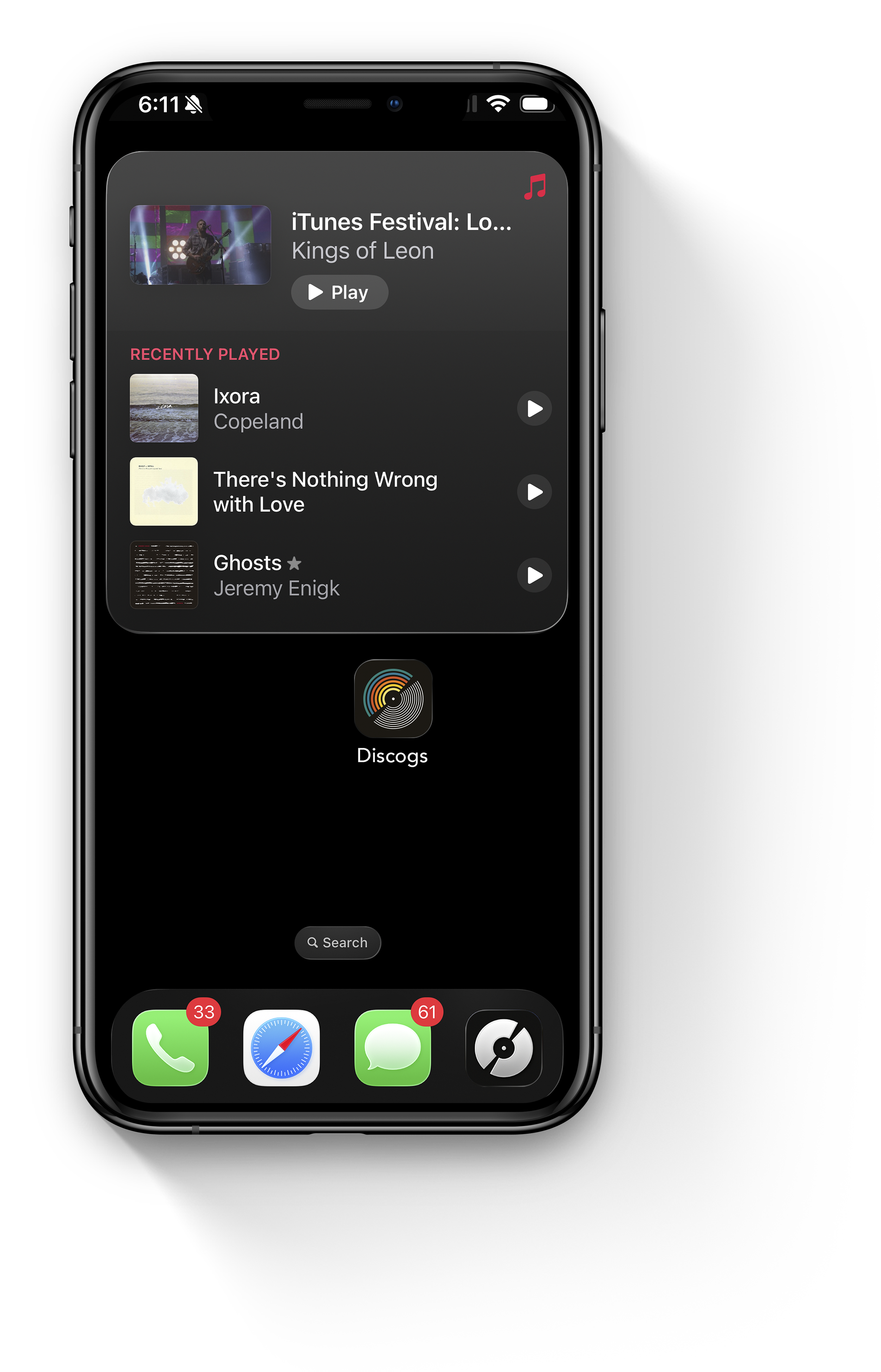 Responsive UI mockup showcasing the Discogs concept logo on a desktop monitor, a mobile app icon, and a smartphone web browser header.