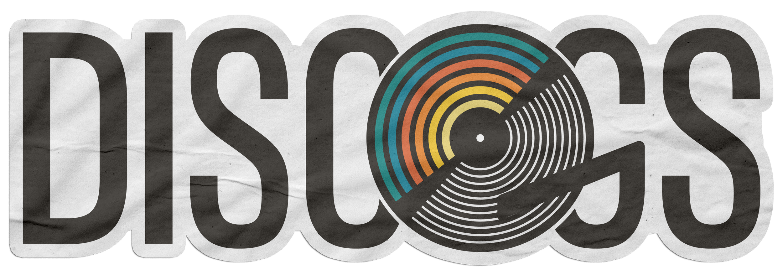 Die Cut vinyl sticker mockup featuring the new colorful Discogs concept logo on a dark background.