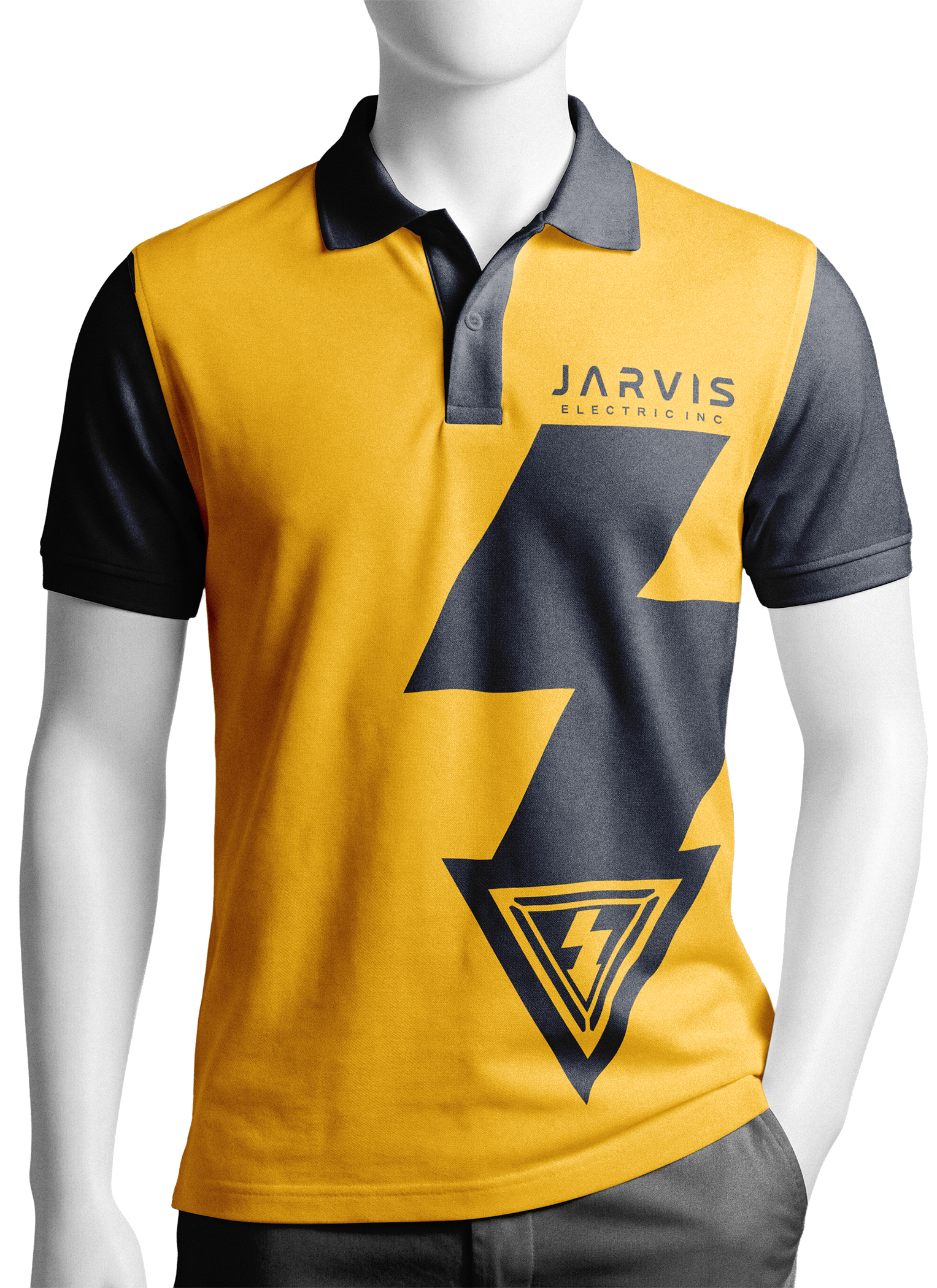 A studio mockup of a male mannequin wearing a high-visibility gold polo shirt with dark navy sleeves and collar, featuring a massive navy lightning bolt graphic on the torso and a navy Jarvis Electric logo on the left chest.