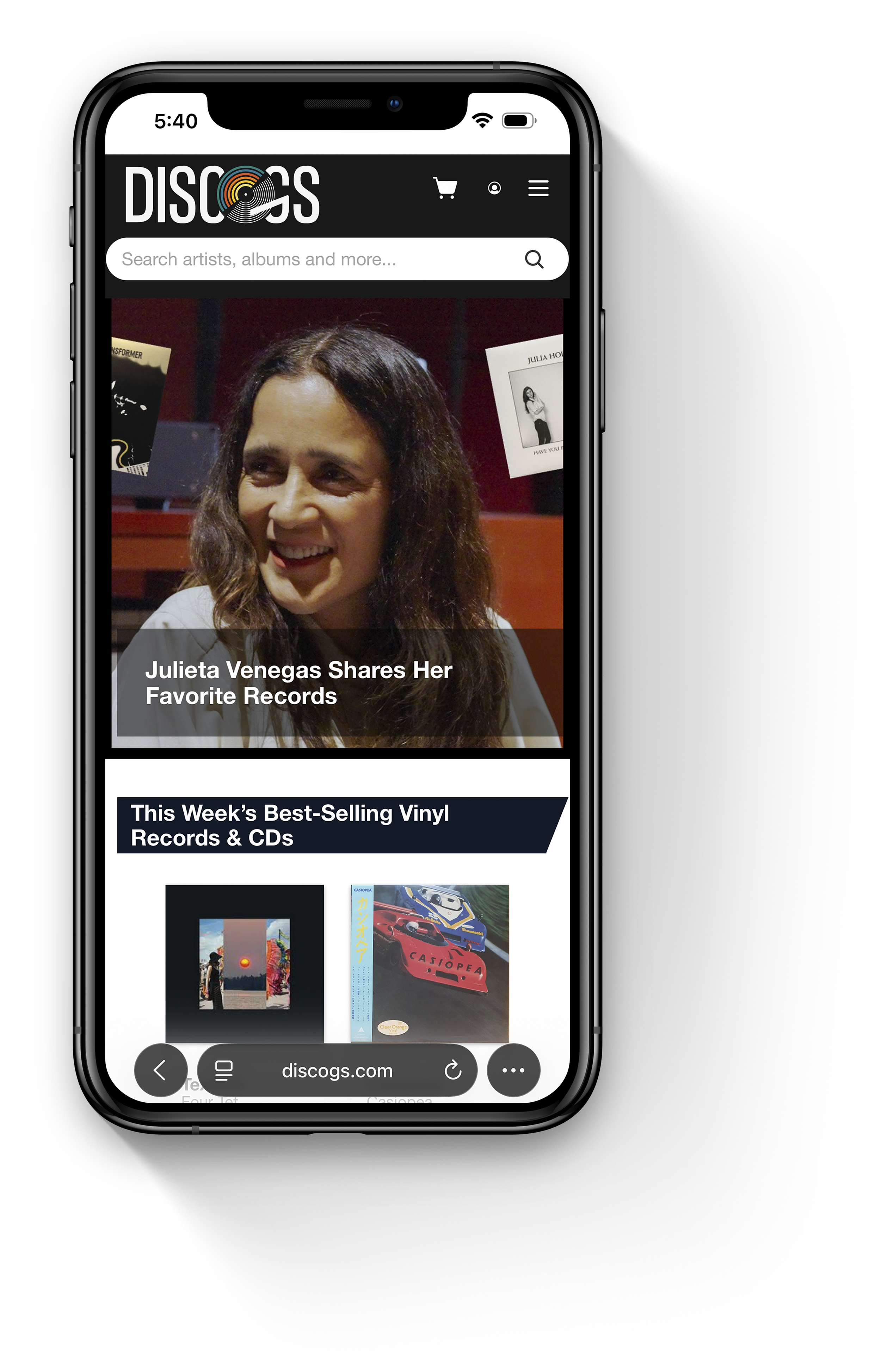 Responsive UI mockup showcasing the Discogs concept logo on a desktop monitor, a mobile app icon, and a smartphone web browser header.