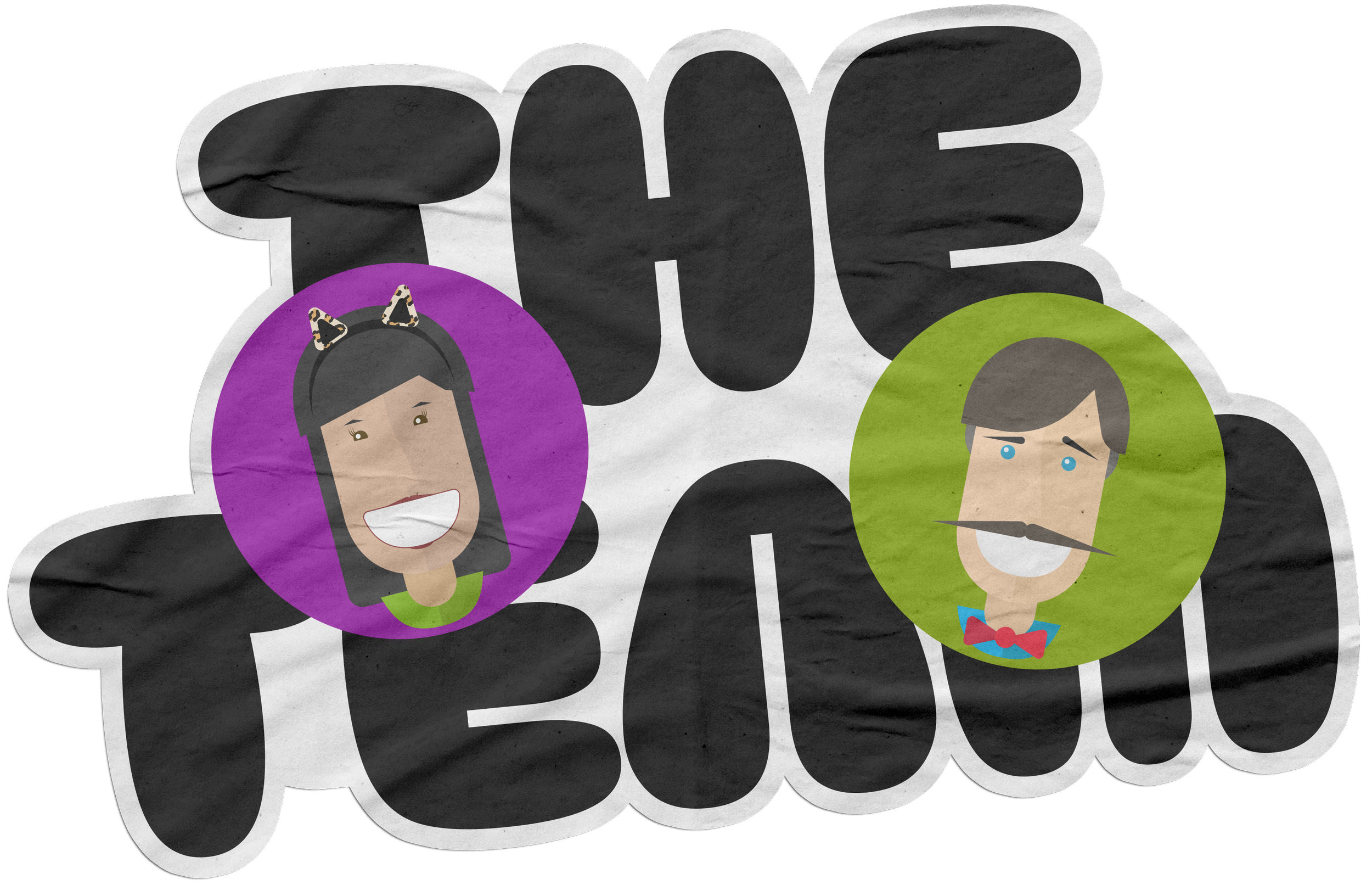 Cartoon illustration with large stylized text spelling '' and two children inside colorful circles, one girl with animal print 'cat ears' headband and smiling, and one boy with a burdened expression, wearing a green hood with a bow tie and carrying a pumpkin bucket.