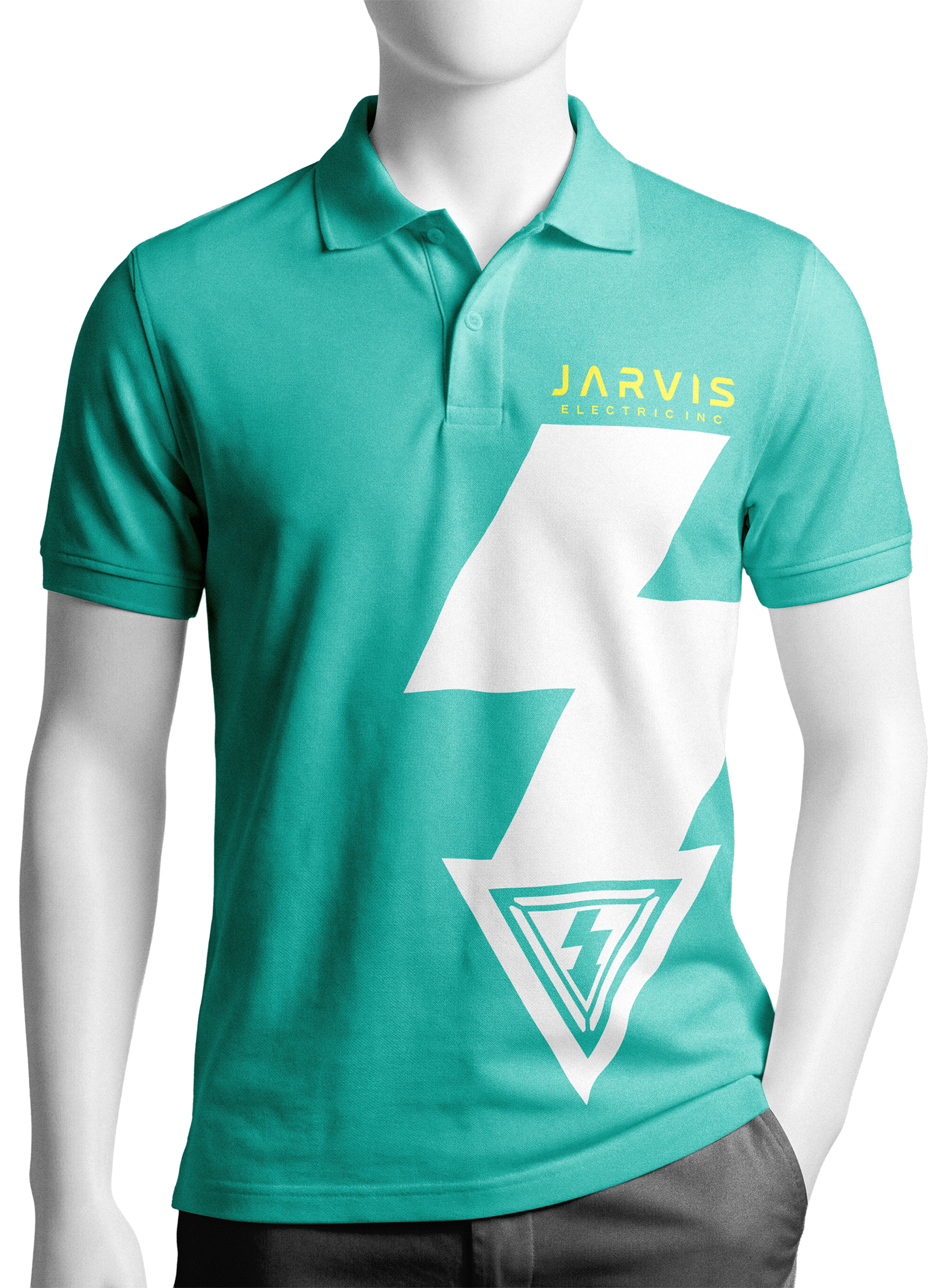 A studio mockup of a male mannequin wearing a vibrant tech-teal polo shirt featuring a massive white lightning bolt graphic on the torso and a yellow Jarvis Electric logo on the left chest.