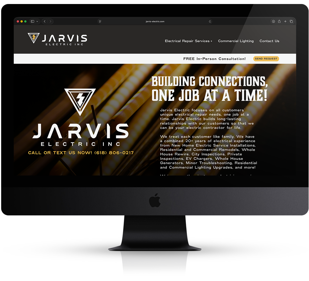 A studio mockup of a sleek Apple iMac monitor displaying the newly redesigned website homepage layout for Jarvis Electric Inc., featuring a dark dark navy interface, gold accents, and a clear call-to-action button.