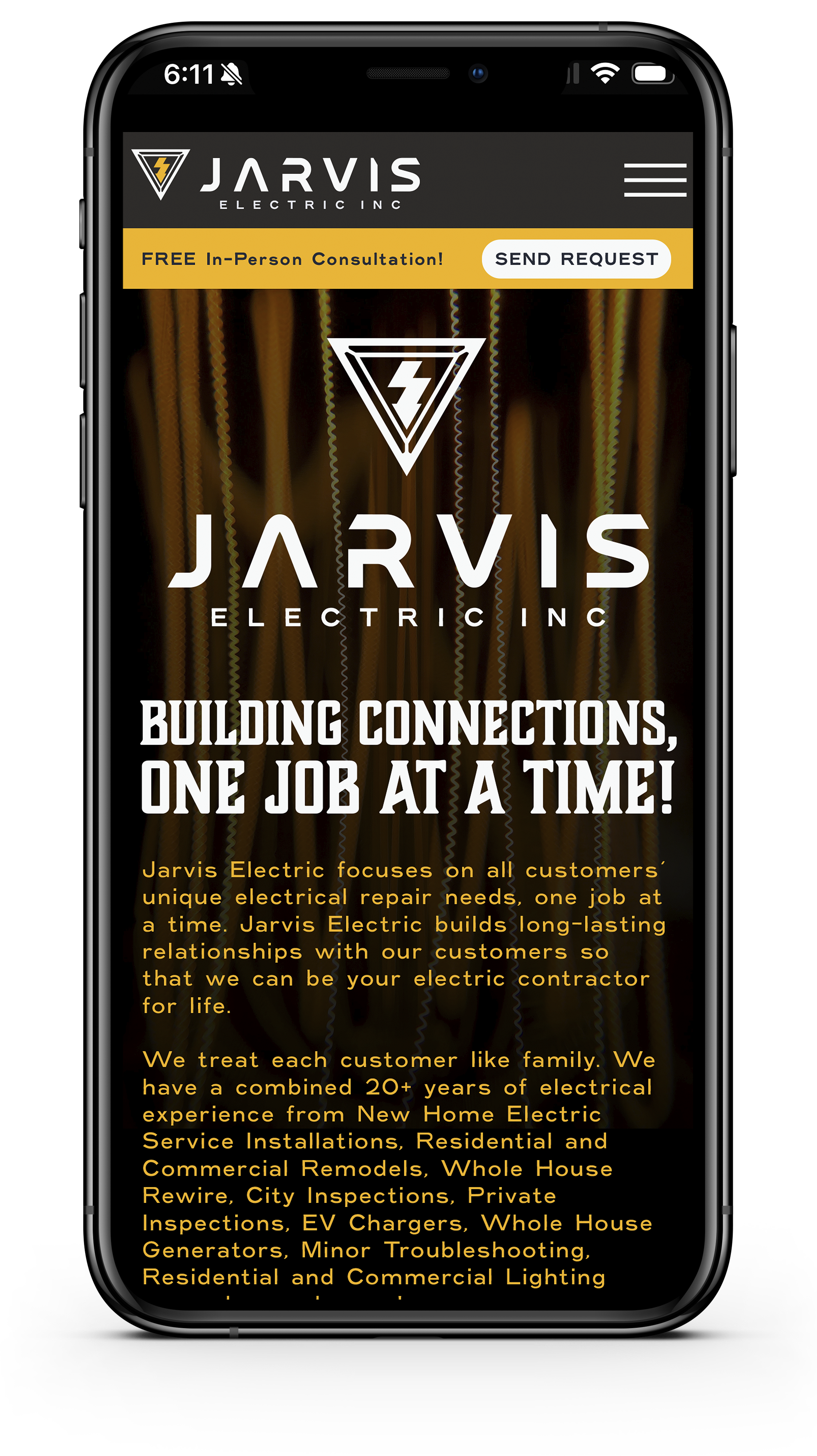 A studio mockup of a modern smartphone displaying the fully responsive mobile website interface for Jarvis Electric Inc., featuring a clean dark navigation bar, bold typography, and a prominent call-to-action button.