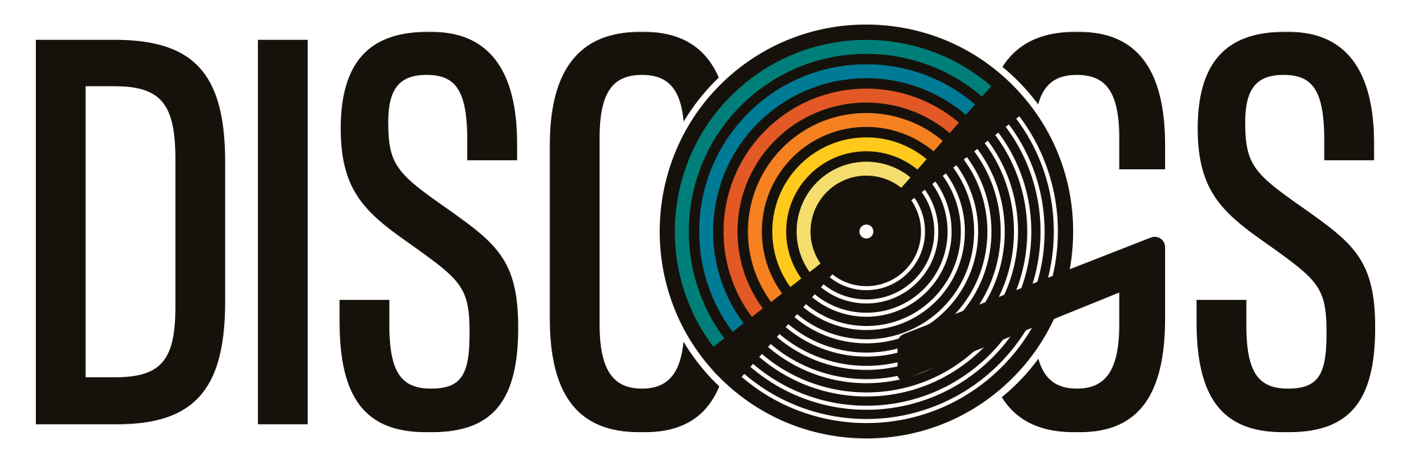 Modernized Discogs concept logo design featuring a colorful vintage vinyl record and integrated turntable tonearm typography.