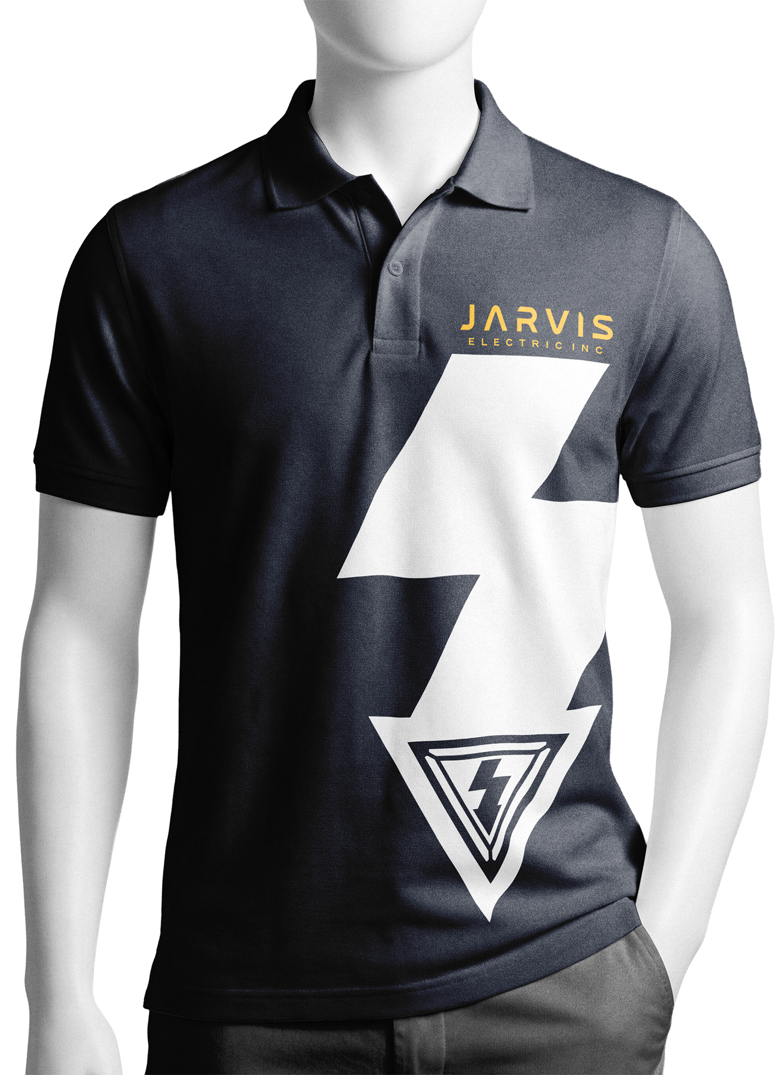 A studio mockup of a male mannequin wearing a deep executive navy polo shirt featuring a massive white lightning bolt graphic on the torso and a gold Jarvis Electric logo on the left chest.
