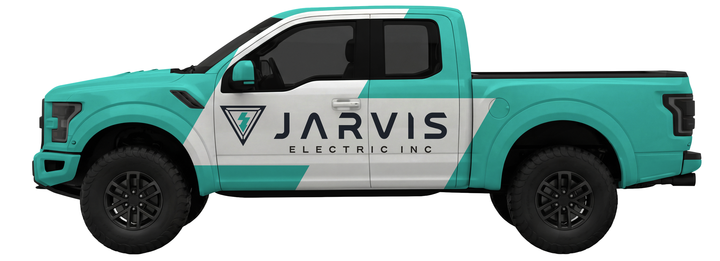 A side-profile mockup of a modern Ford F-150 pickup truck wrapped in a custom tech-teal and white geometric vinyl layout, displaying the prominent deep navy Jarvis Electric Inc. branding on the driver-side doors.