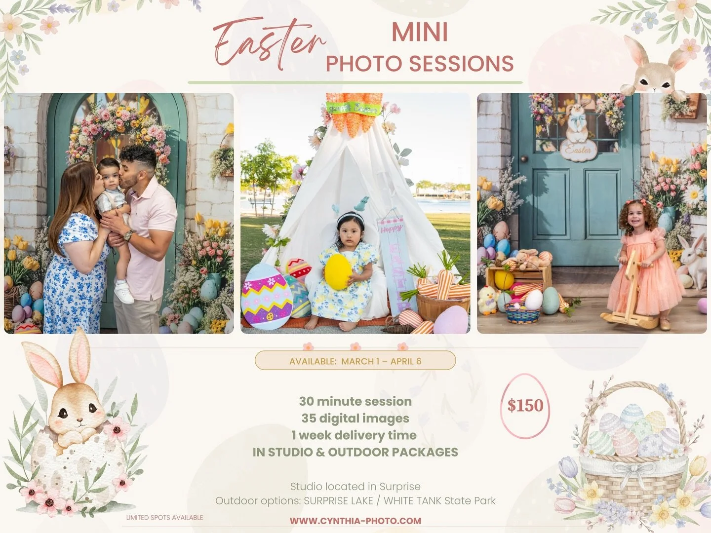 🐣✨ Easter minis are BACK and I am so excited about this year&rsquo;s setups!
Booking is open now through April 6th and spots are already going fast. Whether you want something cozy in the studio or a gorgeous outdoor session, I&rsquo;ve got you cove