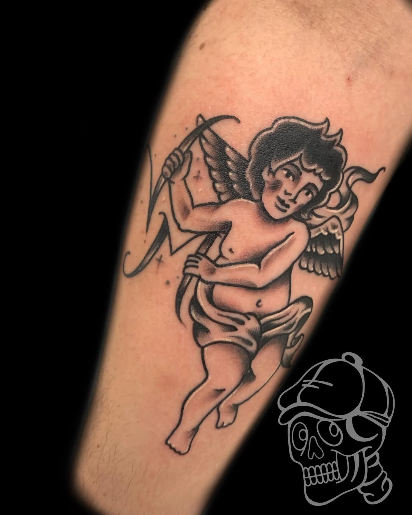 Memorial piece for her friend. Thank you @alxcabby #bsetzlertattoo #tattoo #drawing #ink #inked #art #memorial #cherub #tattoos #black #blackandgrey #traditional #bold #memorialtattoo