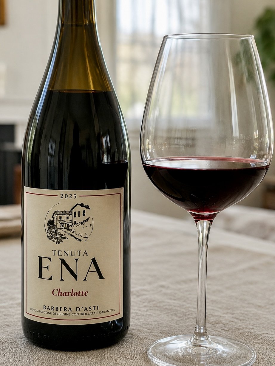 A bottle of red wine and a glass of red wine on a beige tablecloth in a bright room with a window and indoor plants in the background.