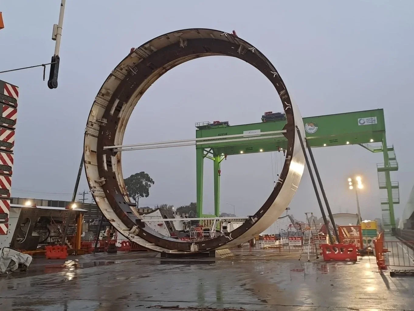 TBM Tail Shield Vertical Propping - Due to launch site space constraints, the 15.5m diameter structure was required to be stored  in the vertical (operating) position ahead of assembly to the rest of the TBM. Load cases designed for included wind, se