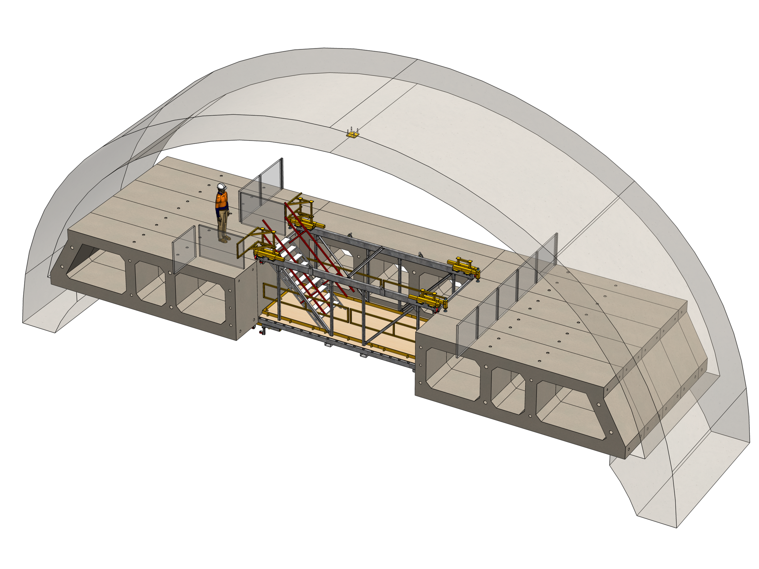 Escalator Opening Moveable Platform – Custom access platform capable of traversing ‘escalator openings’ in pre-cast mezzanine levels. The design allowed the structure to be lifted into position from beneath the opening and transition from travelling 