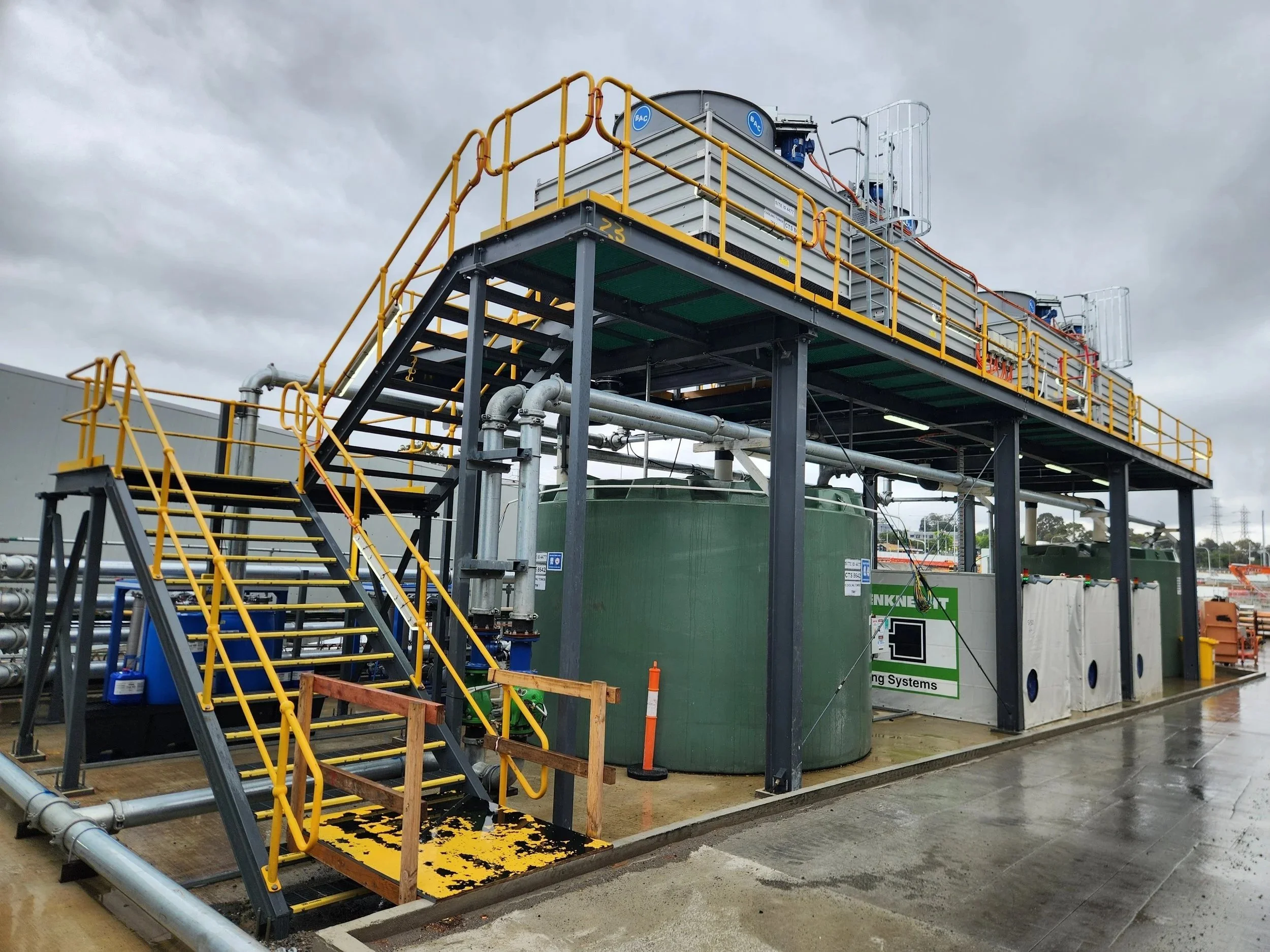 TBM Cooling Tower Platform - Design of steel structure, access system and pipe supports for North East Link tunnel boring machine (TBM) cooling water system.