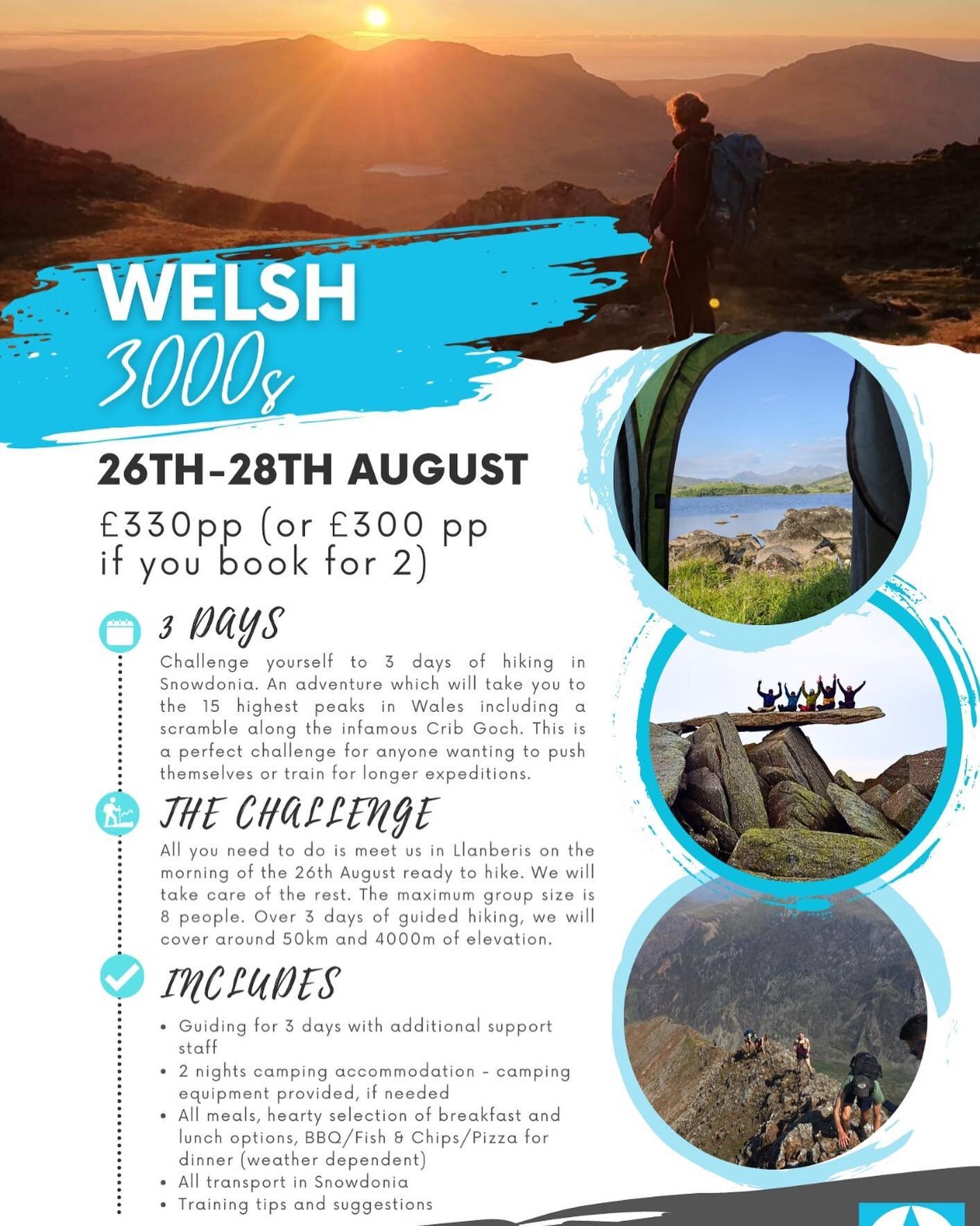 Join us this August bank holiday weekend for the Welsh 3000s (summit the highest 15 peaks in Wales over 3 days) 🙌 

DM for more details ‼️