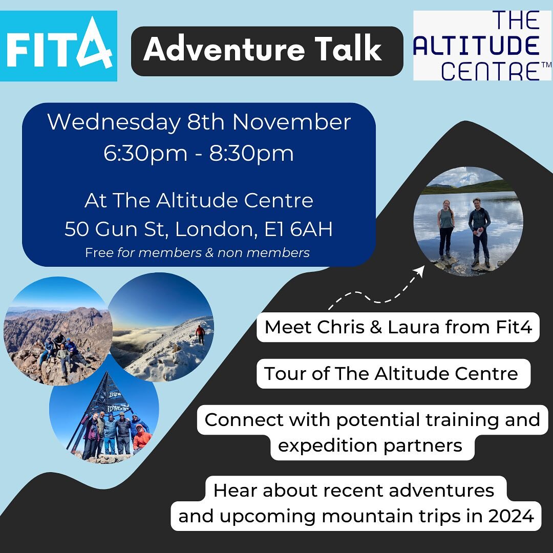 🚨Event Alert 🚨

Come along to The Altitude Centre on the 8th November at 6.30pm to hear about what Fit4 is up to, stories from previous adventures, look around the Altitude Centre and meet other keen adventurers who could become training or expedit