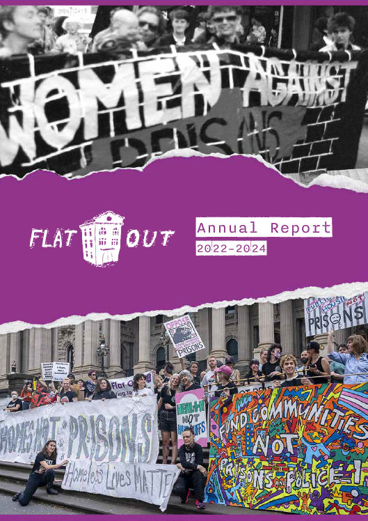 Annual Report 2022–2024 cover with an archival women against prisons banner at a march in the 1980s and a 2022 homes not prisons protest.