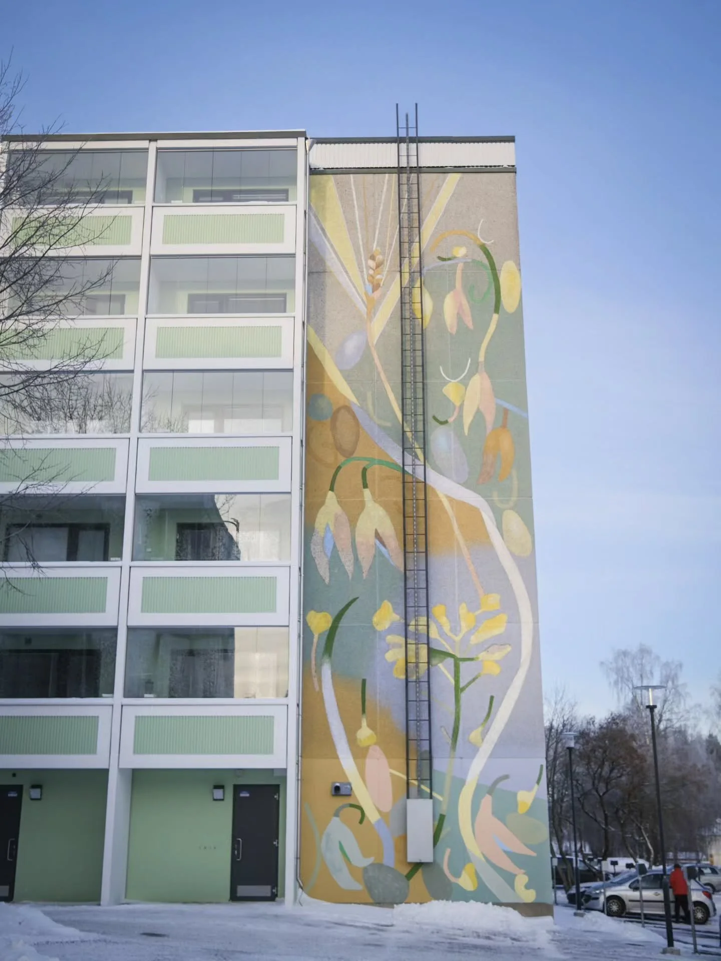 Nojailevat viljat, tanssivat rypsit (2025)
Essi Nieminen @essimatildanieminen

Muraali on inspiroitunut Hyvink&auml;&auml;n Paavolan alueen vilja-aiheisista kadunnimist&auml;. Sein&auml;ll&auml; tanssahtelevat viljojen jyv&auml;t, akanat, korret ja v