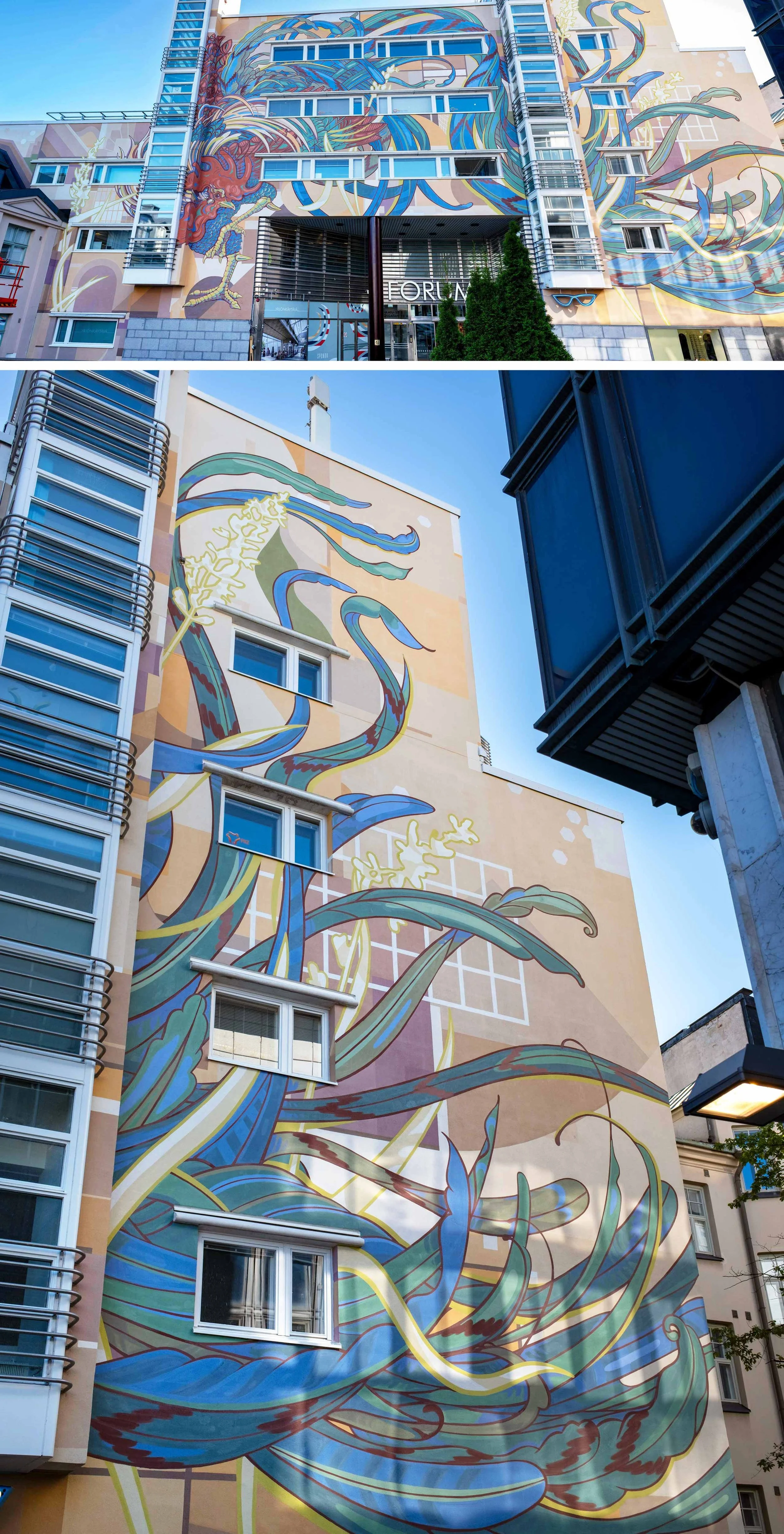 Forum Kukontorin muraali, Helsinki 2025. Taiteilijoina Jesse Pasanen ja Maikki Rantala, tuottajana Jenni Väisänen.