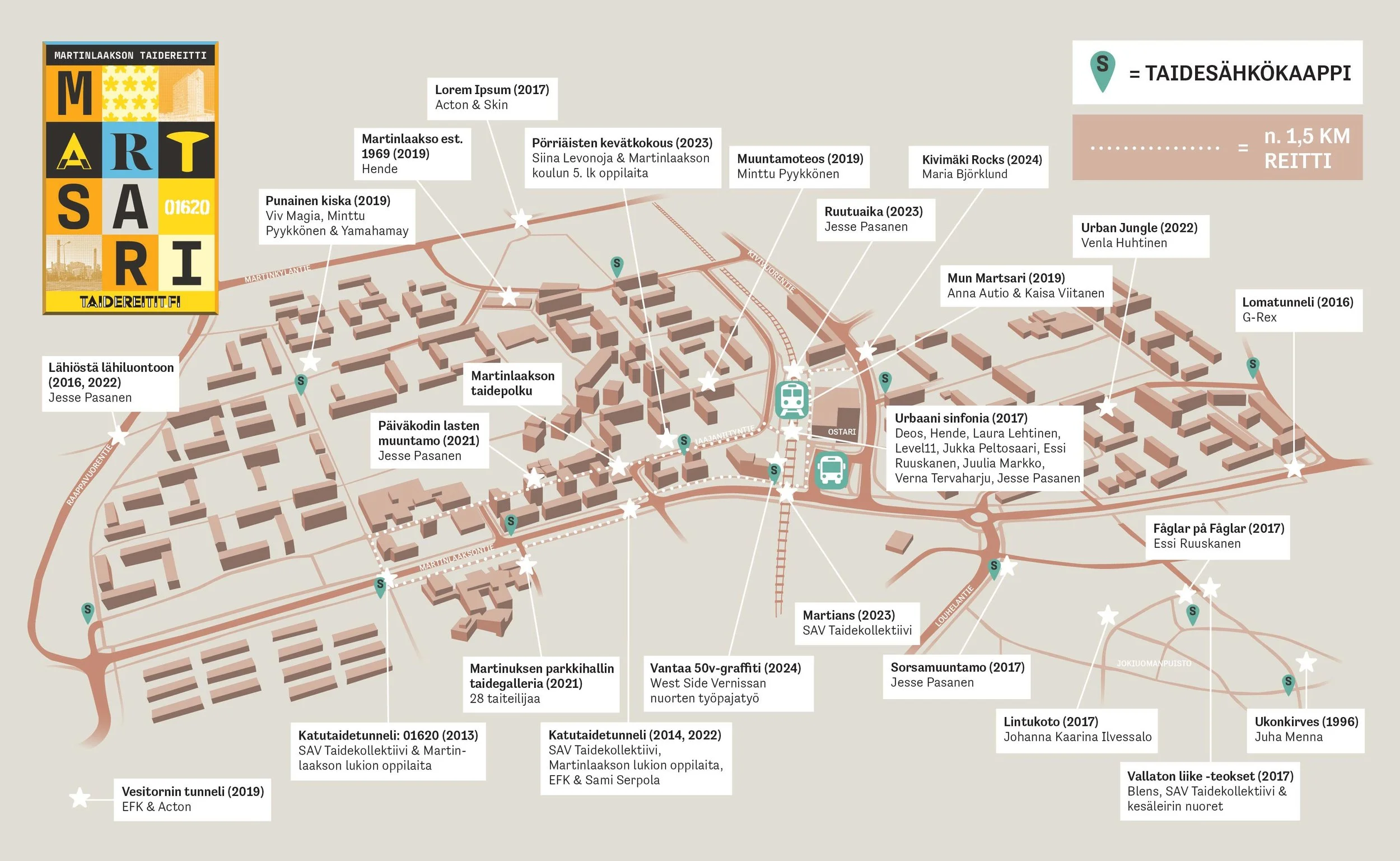 Vantaan Martinlaakson käveltävä katutaidereitti yhtenä karttakuvana. Taidereitin on tuottanut SAV Taidekollektiivi.