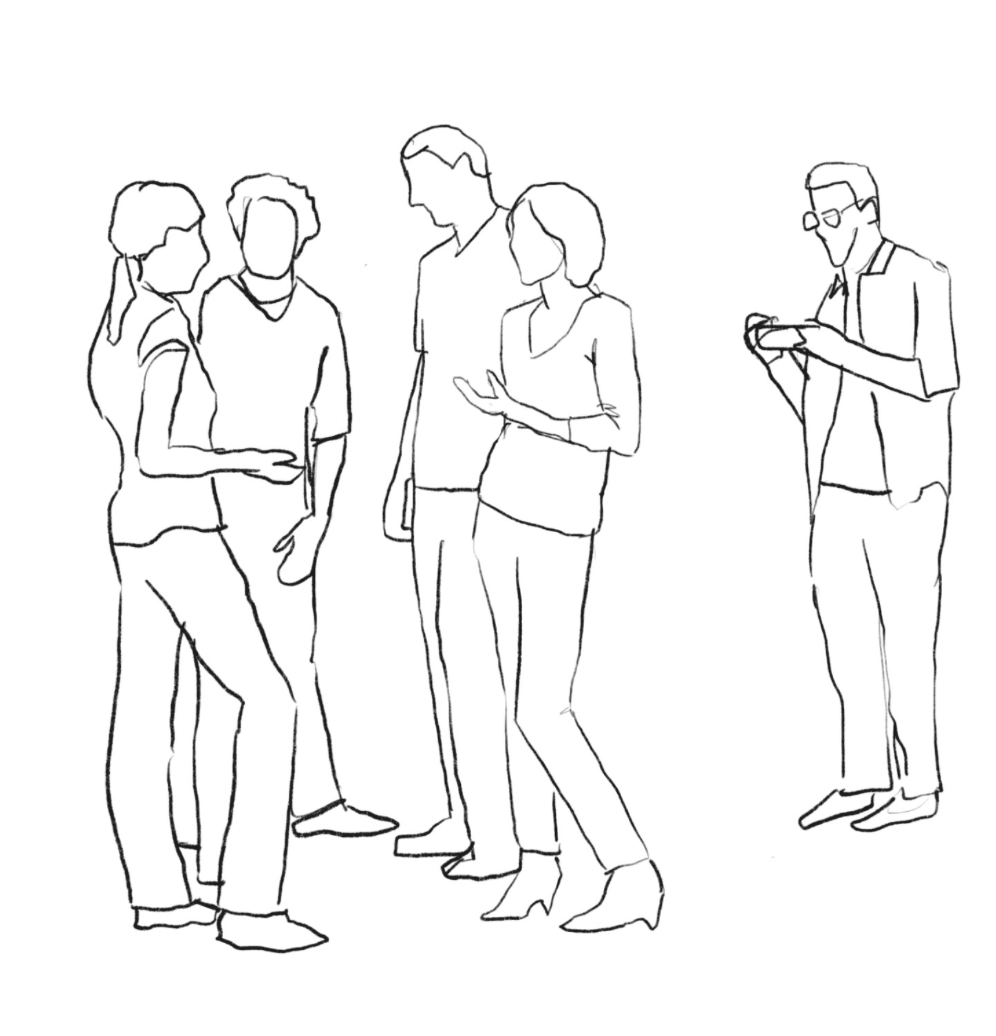 Line drawing of five adults, four of whom are engaged in conversation while one is looking at a phone.