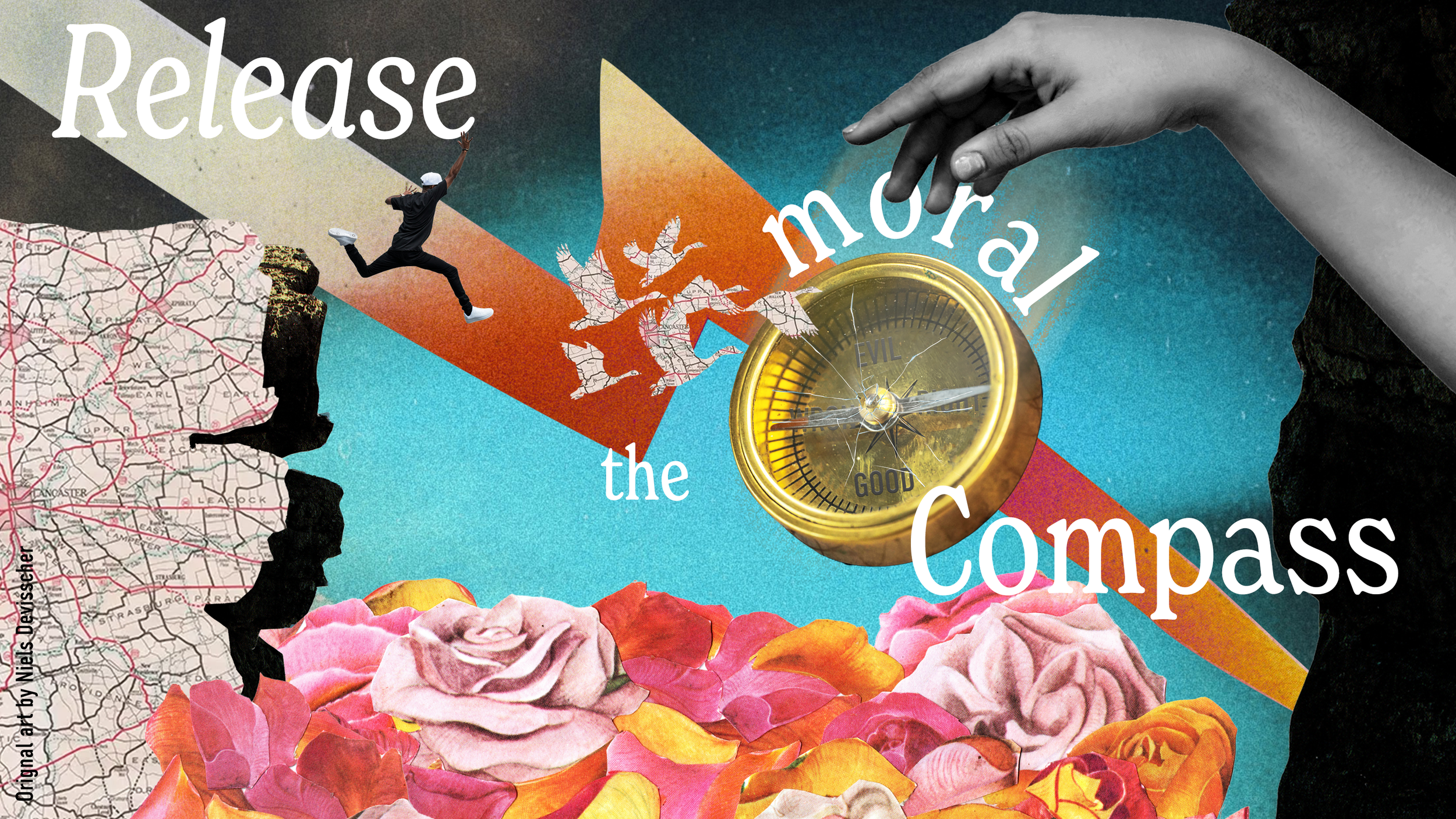 Collage of various elements including a person jumping, maps, a hand reaching toward a gold compass, and pink and orange flower petals with the words 'release more of the compass'.