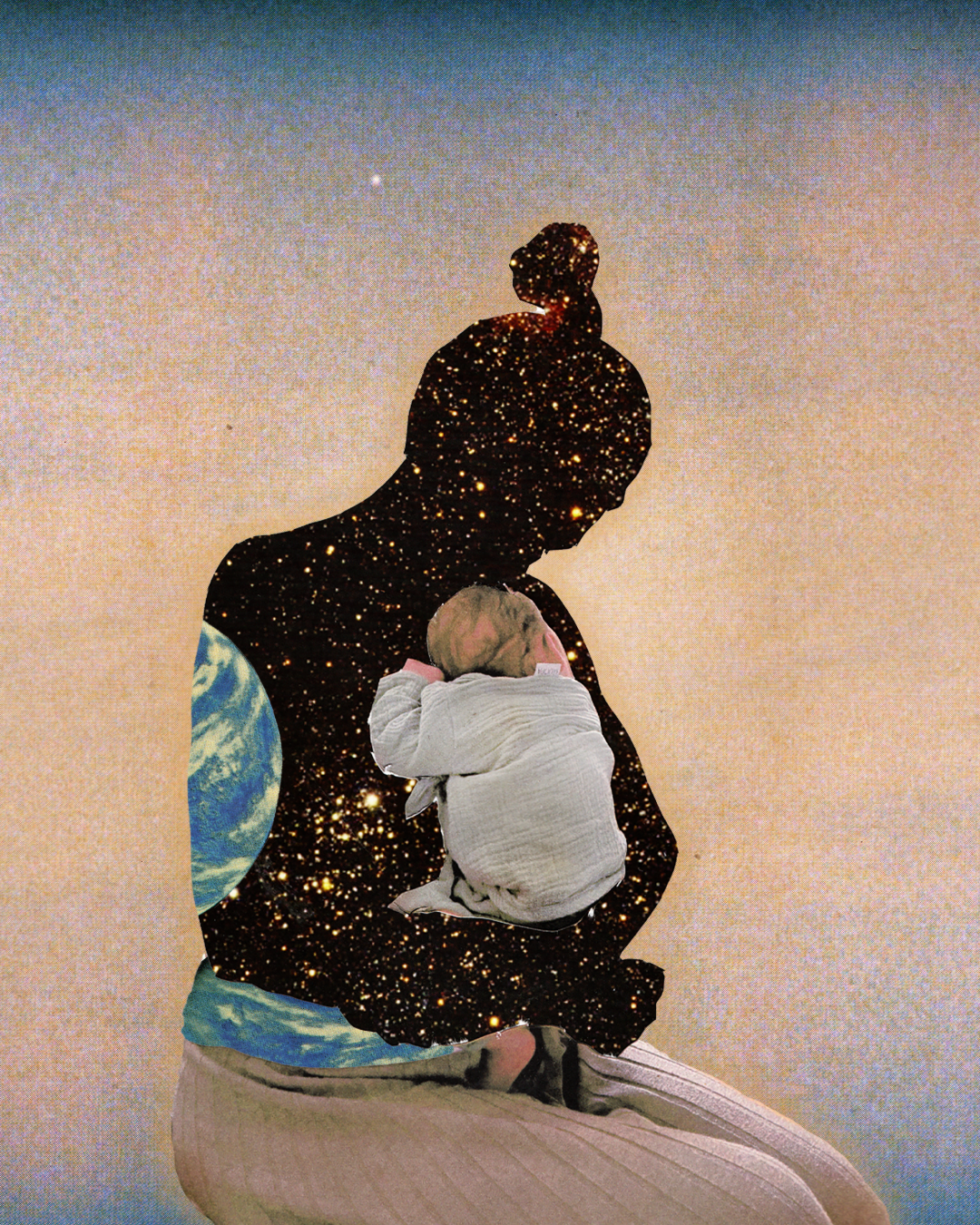 A silhouette of a woman with a starry galaxy pattern, holding a sleeping baby wrapped in a blanket. The woman’s outline contains images of Earth and stars, blending with the cosmic background.