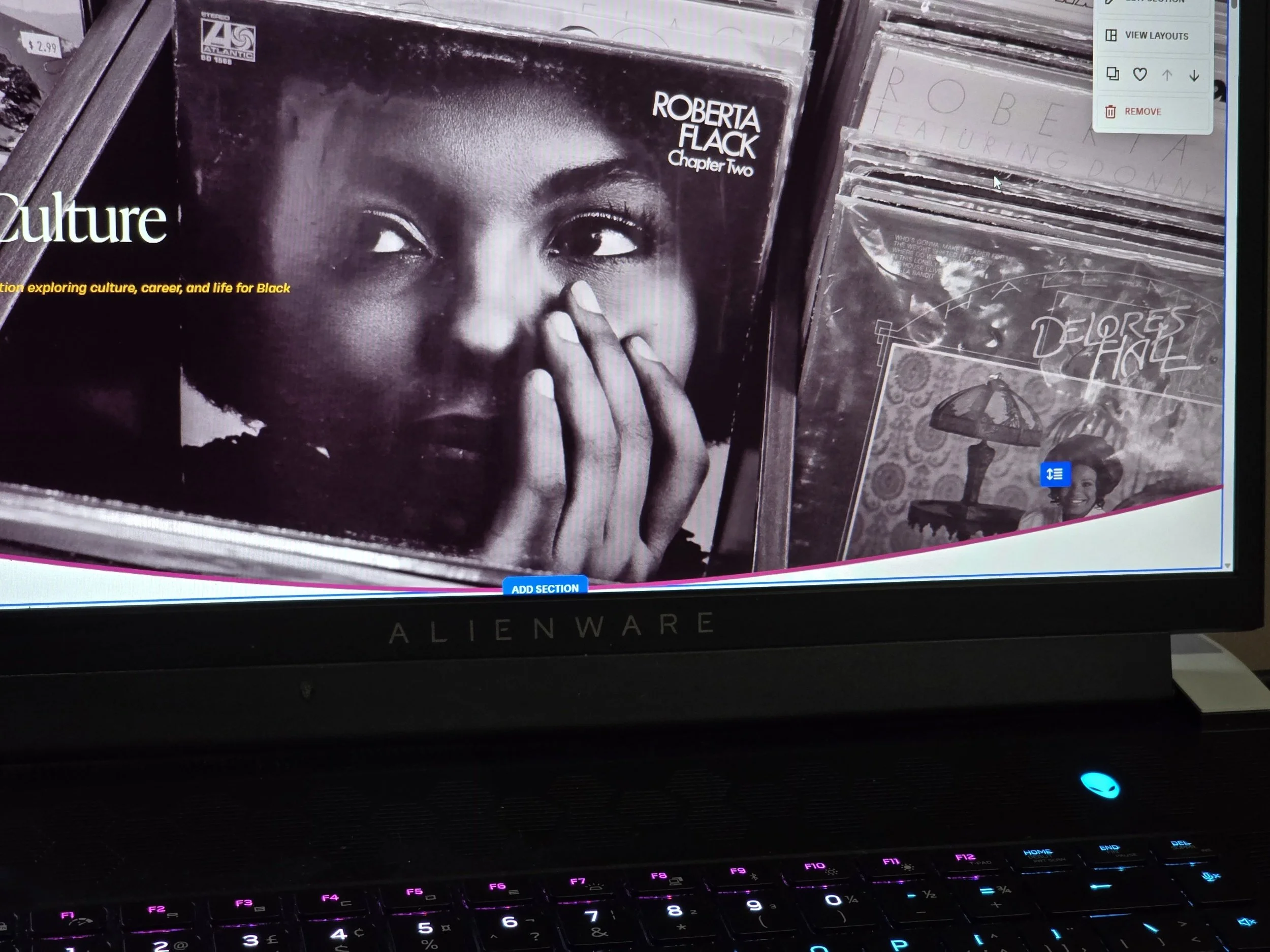 A computer screen displaying a black and white magazine cover of Robin McLeavy with the title 'Roberta Flack Chapter Two'. The magazine graphics and text are partially visible, along with other magazine covers behind it. The keyboard below the screen shows purple and blue backlit keys.