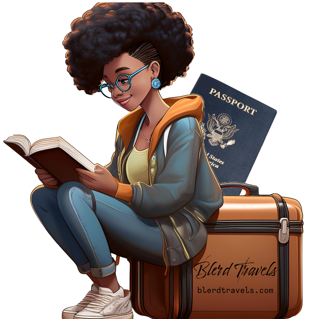 Young Black American woman with an updo afro squatting against a suitcase, reading a book with a US passport in the background