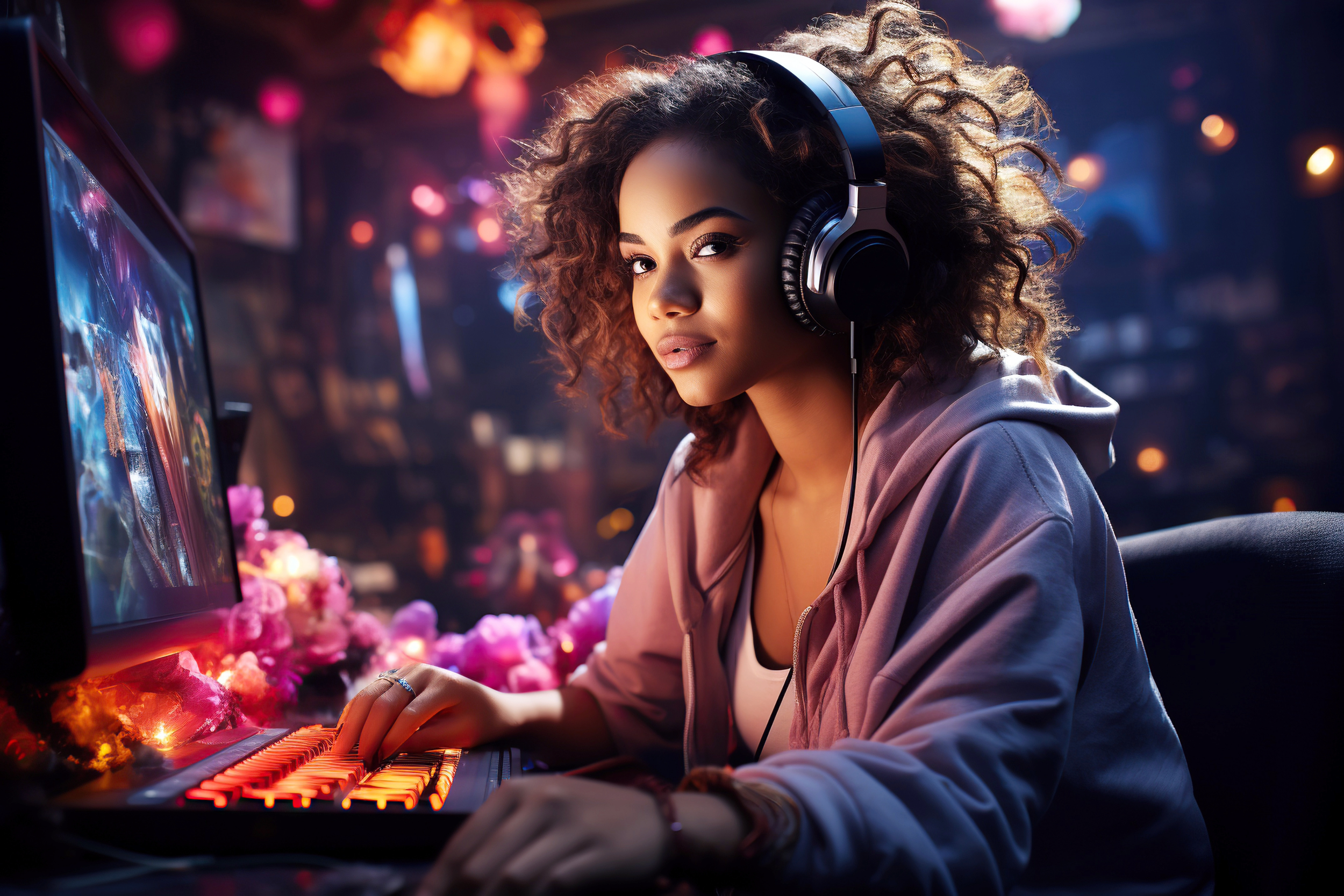 A young woman with curly hair wearing headphones, sitting at a gaming setup with a keyboard, in a dimly lit room with pink floral decorations.