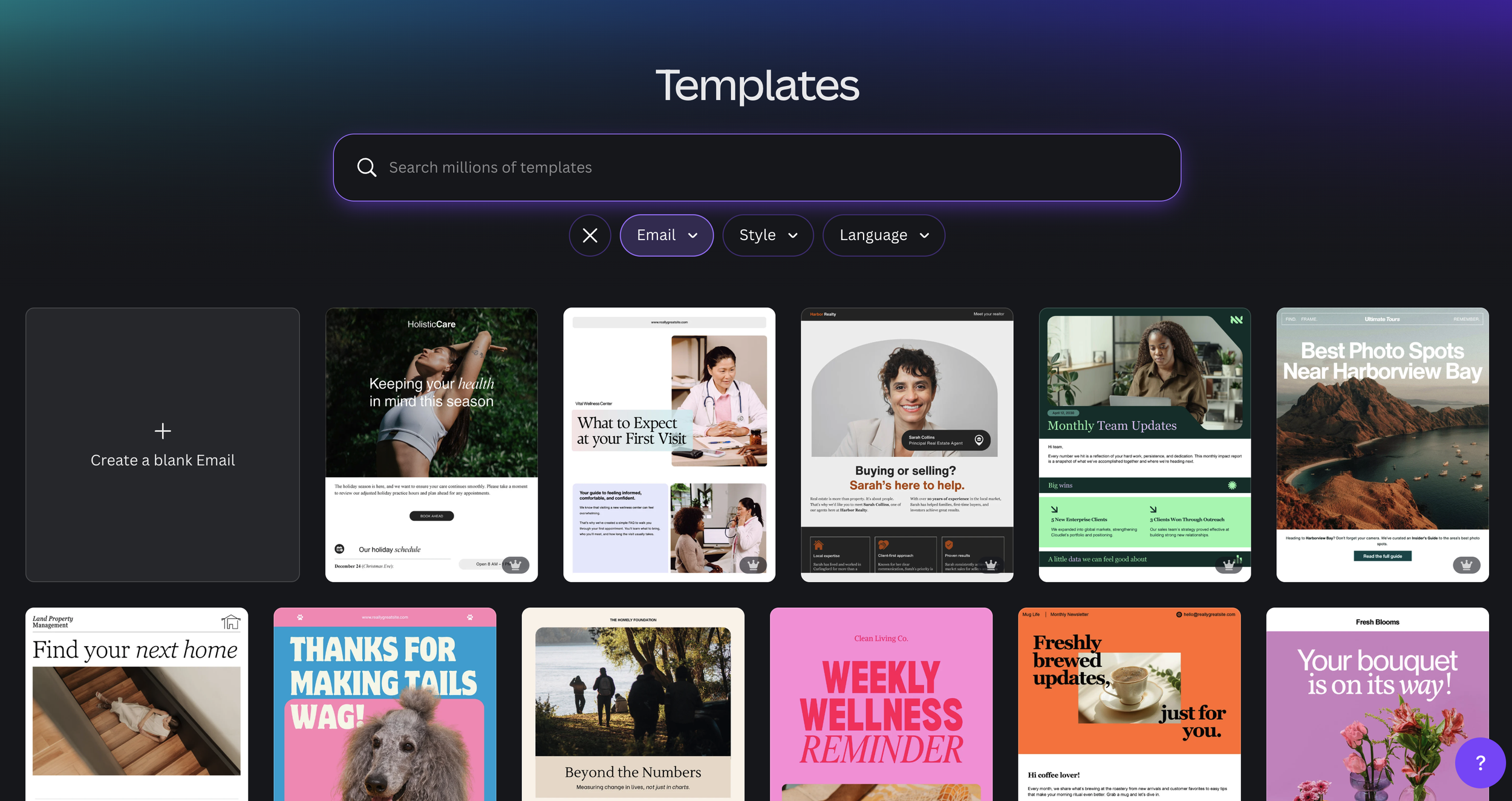 Canva Templates page filtered by Email category showing a grid of professional email design templates