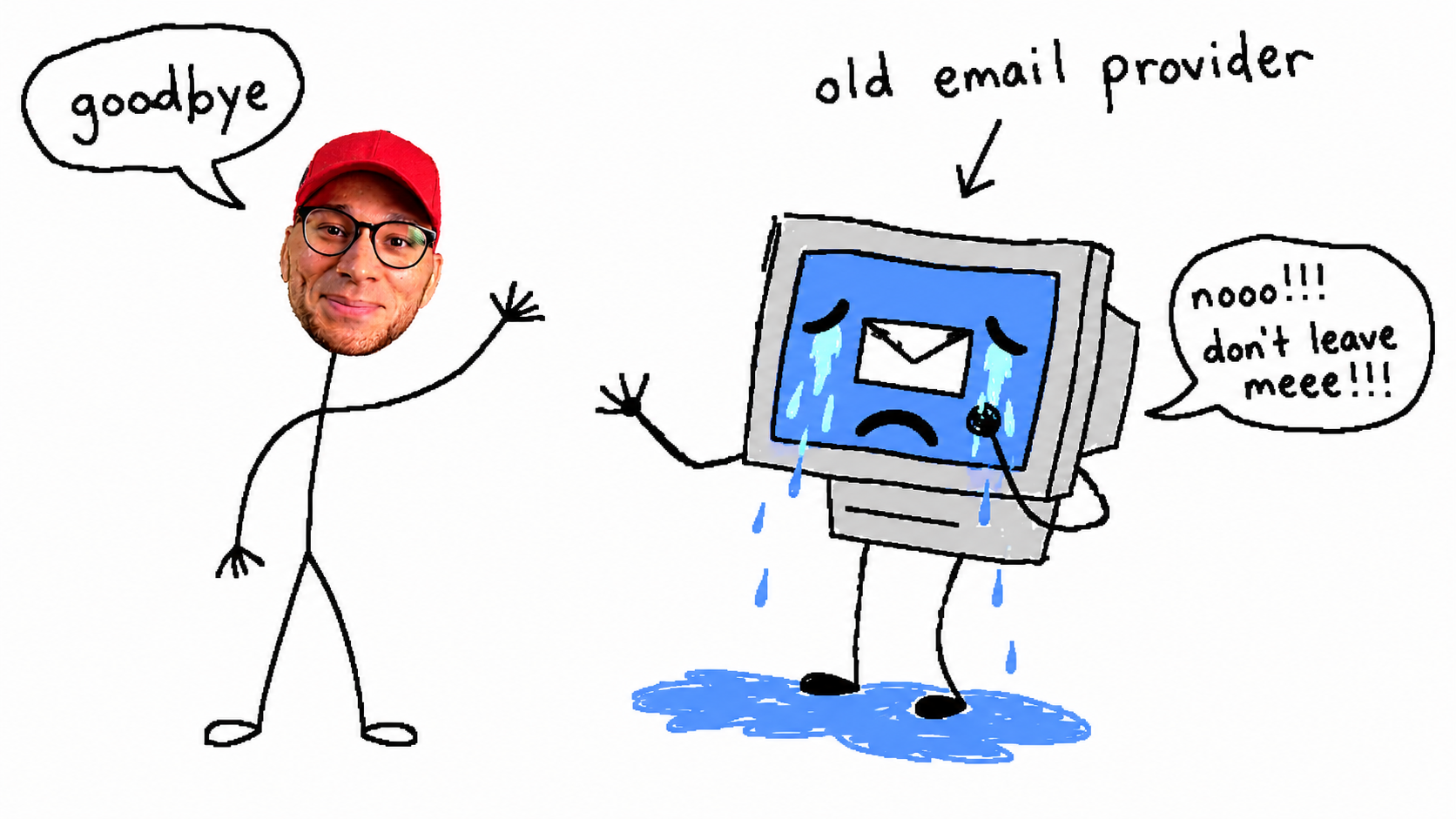 Illustrated graphic of Roger Coles waving goodbye to a crying old email provider computer with the caption "goodbye" and "nooo don't leave meee"