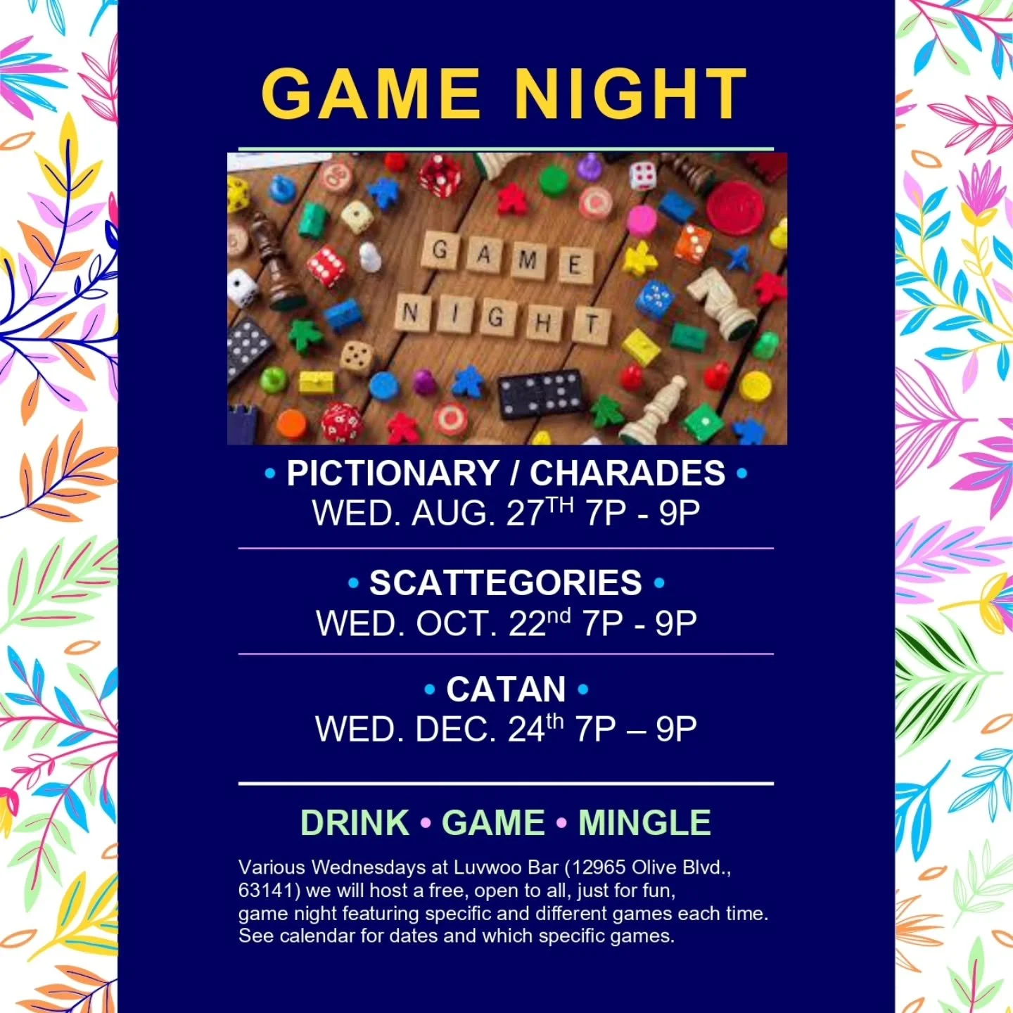 Happy Wednesday! Today at Luvwoo Bar we have Beginner Bartender Training 515p-6p and Scattegories game night 7p-9p. All Free Events, no RSVP needed! Don't forget daily Happy Hour 5p-6p, 20% off all named cocktails!
https://www.zyilistl.com/luvwoo-ba