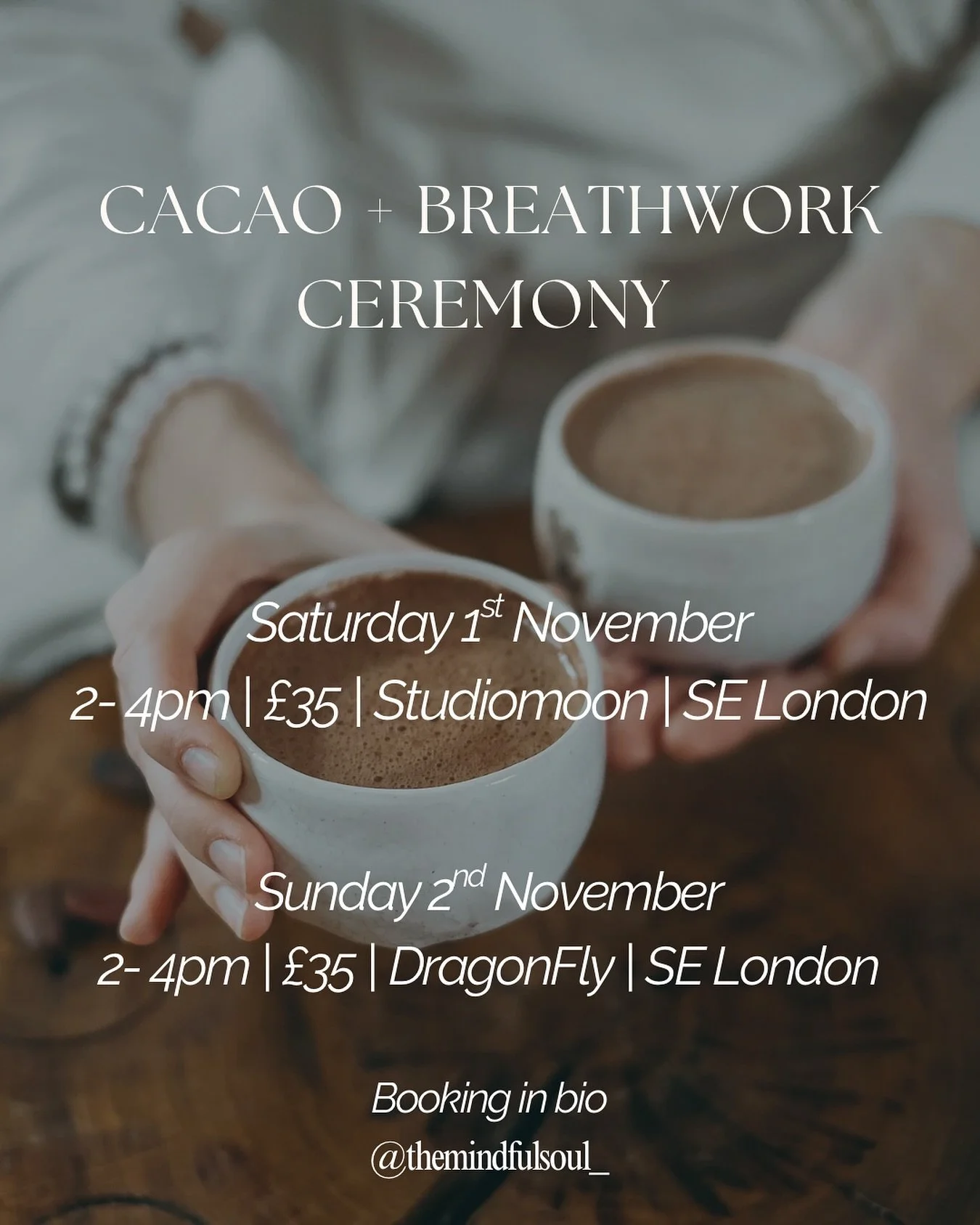 Upcoming workshops - a chance to Breathe, Release &amp; Reconnect ✨

Through the sacred combination of ceremonial cacao and Conscious Connected Breathwork, you&rsquo;ll be guided on a journey back to yourself, softening the mind, opening the heart, a