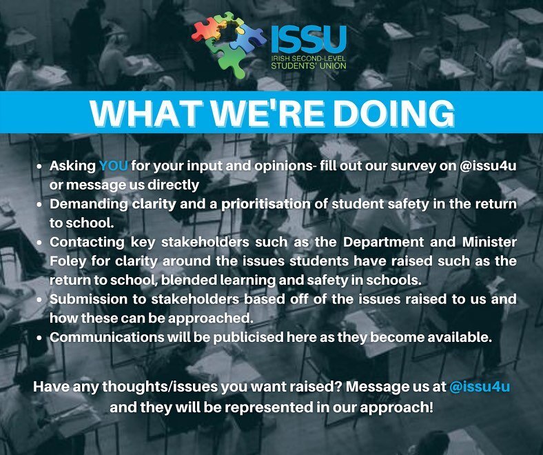 The campaign for a safe return to school continues, this is what we&rsquo;re doing in order to fight for clarity for students. If you have any thoughts or concerns, please don&rsquo;t hesitate to get in touch at studentvoice@issu.ie #Safety4Students