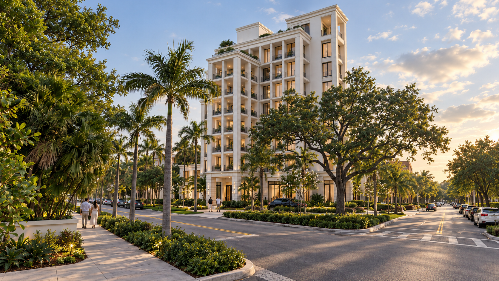 Esquina urbana con condominio tropical moderno.png