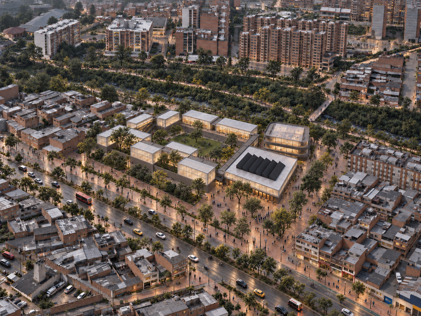 Campus moderno al atardecer lluvioso.png