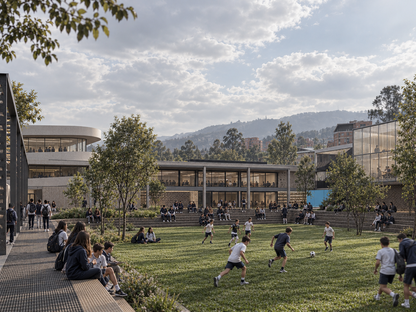 Patio escolar moderno con fútbol y estudiantes.png