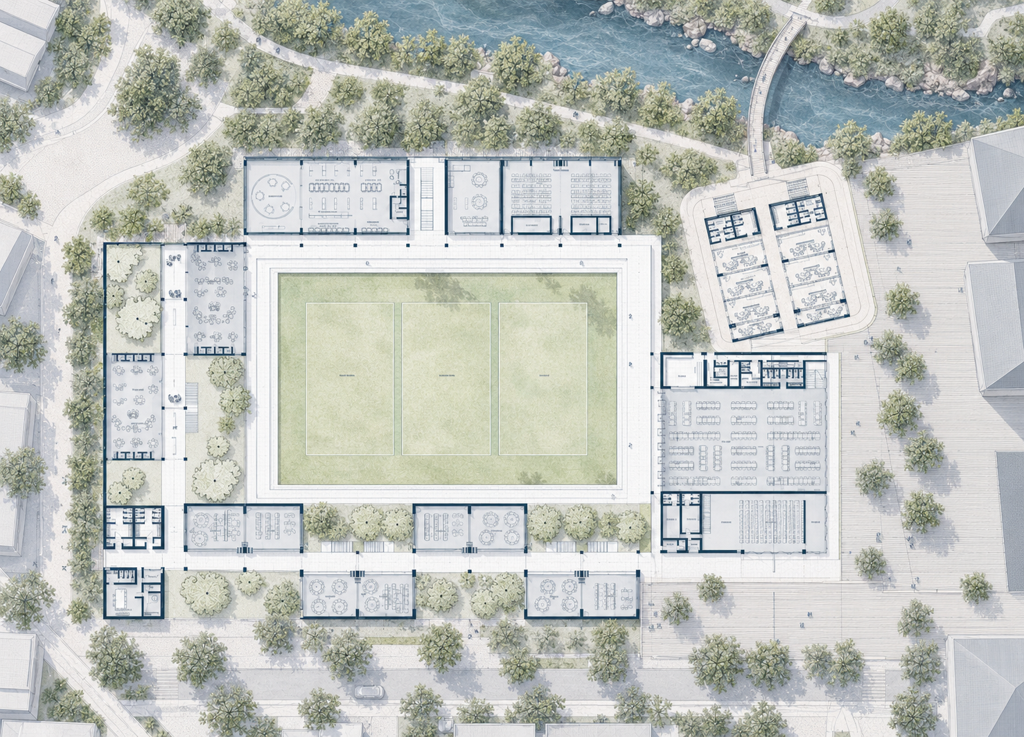Plano arquitectónico del campus junto al río.png