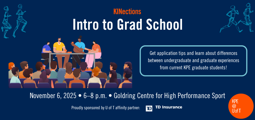 Illustration of students attending a panel of their peers on a dark blue background with event name, date, time and location in white text