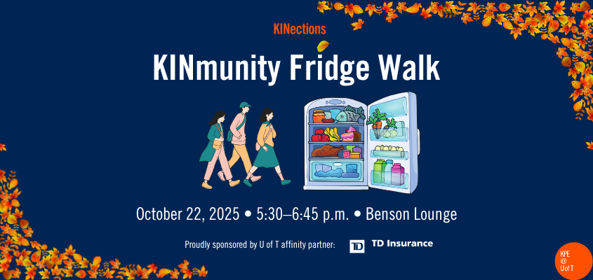 blue background with event name, date, time and meeting location in white text, alongside an illustration of a stocked fridge and three people walking