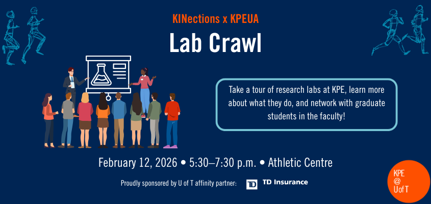 illustration of students gathering around two presenters in a lab, with the event title, dat, time and location in white text on a blue background