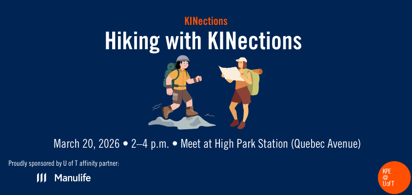 Event name, date, time and meeting location in white text on a dark blue background, alongside illustrations of hikers