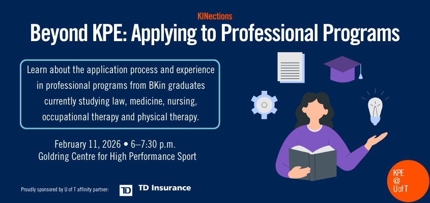 Event name, description, date, time and location in white text on a blue background, next to an illustration of a female student reading a textbook