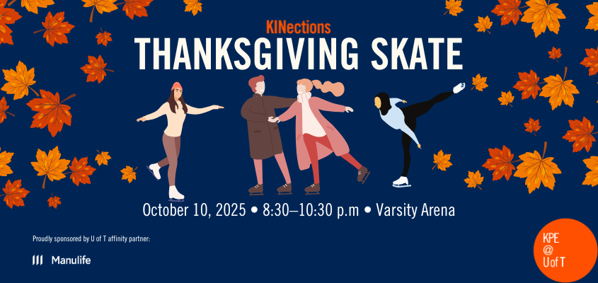 illustrations of skaters surrounded by fall leaves on a dark blue background with the event name, date, time and location