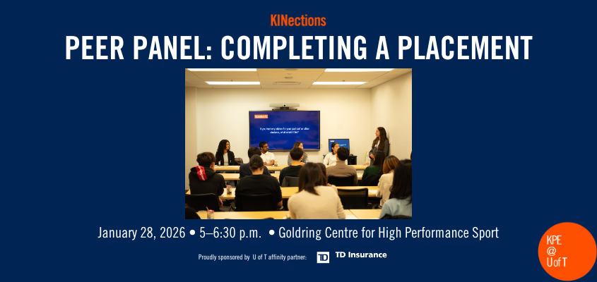 snapshot of students gathered in front of a panel of their peers with event name, date, time and location in white text on a dark blue background