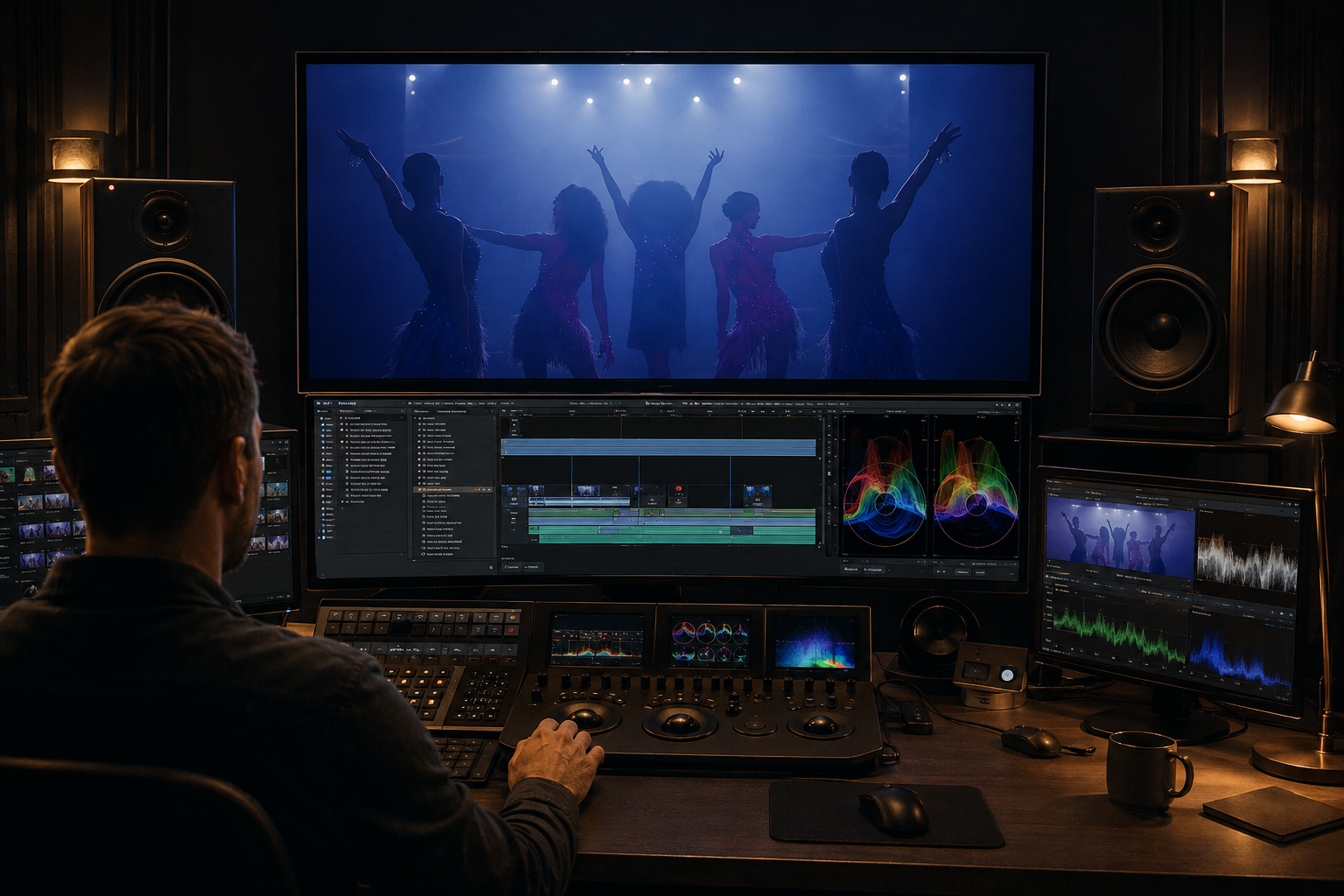 A person working in a dark editing room with multiple monitors displaying a video production of dancers, with large speakers and professional editing equipment.