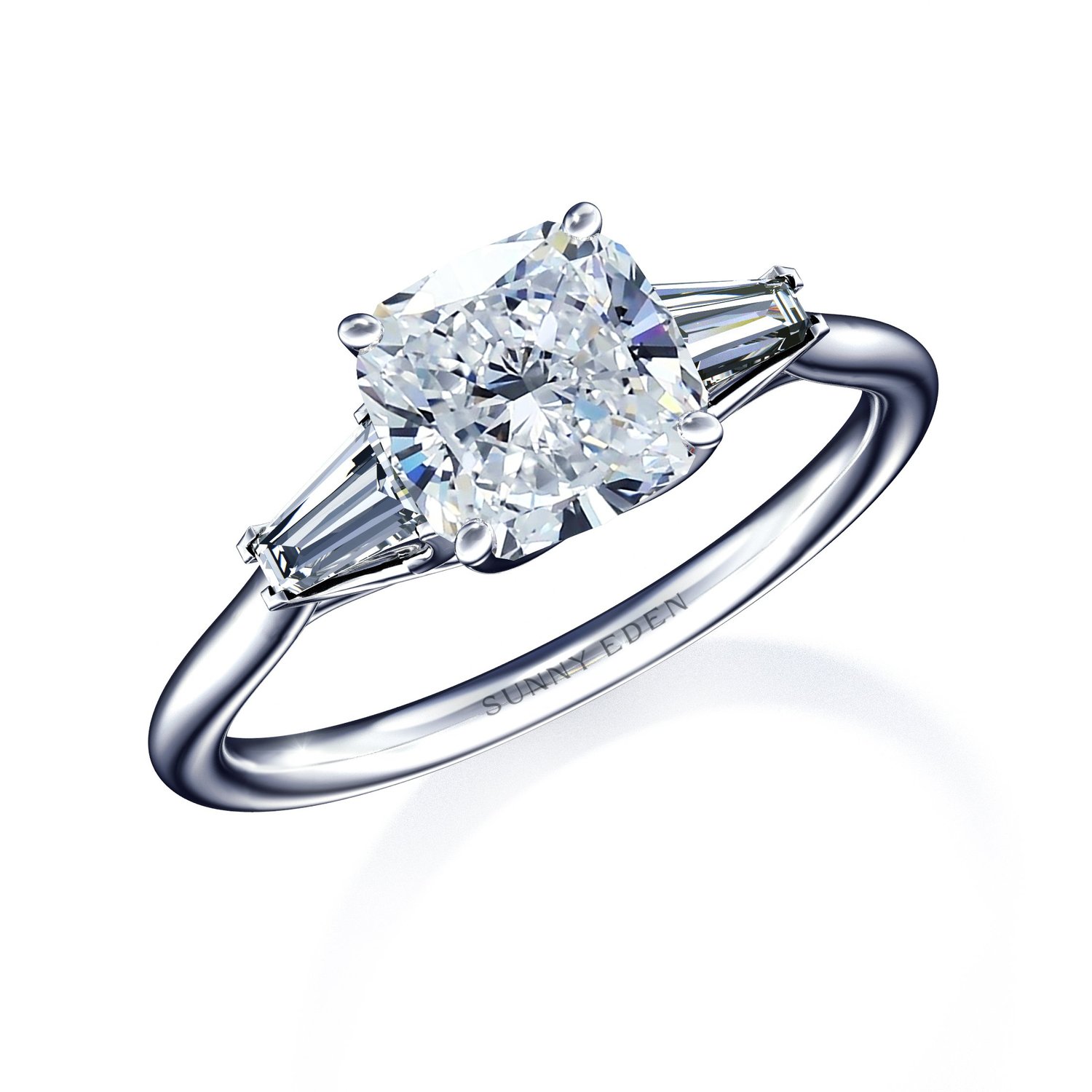 Three-stone Cushion Cut and Baguette Cut Diamond Engagement Ring